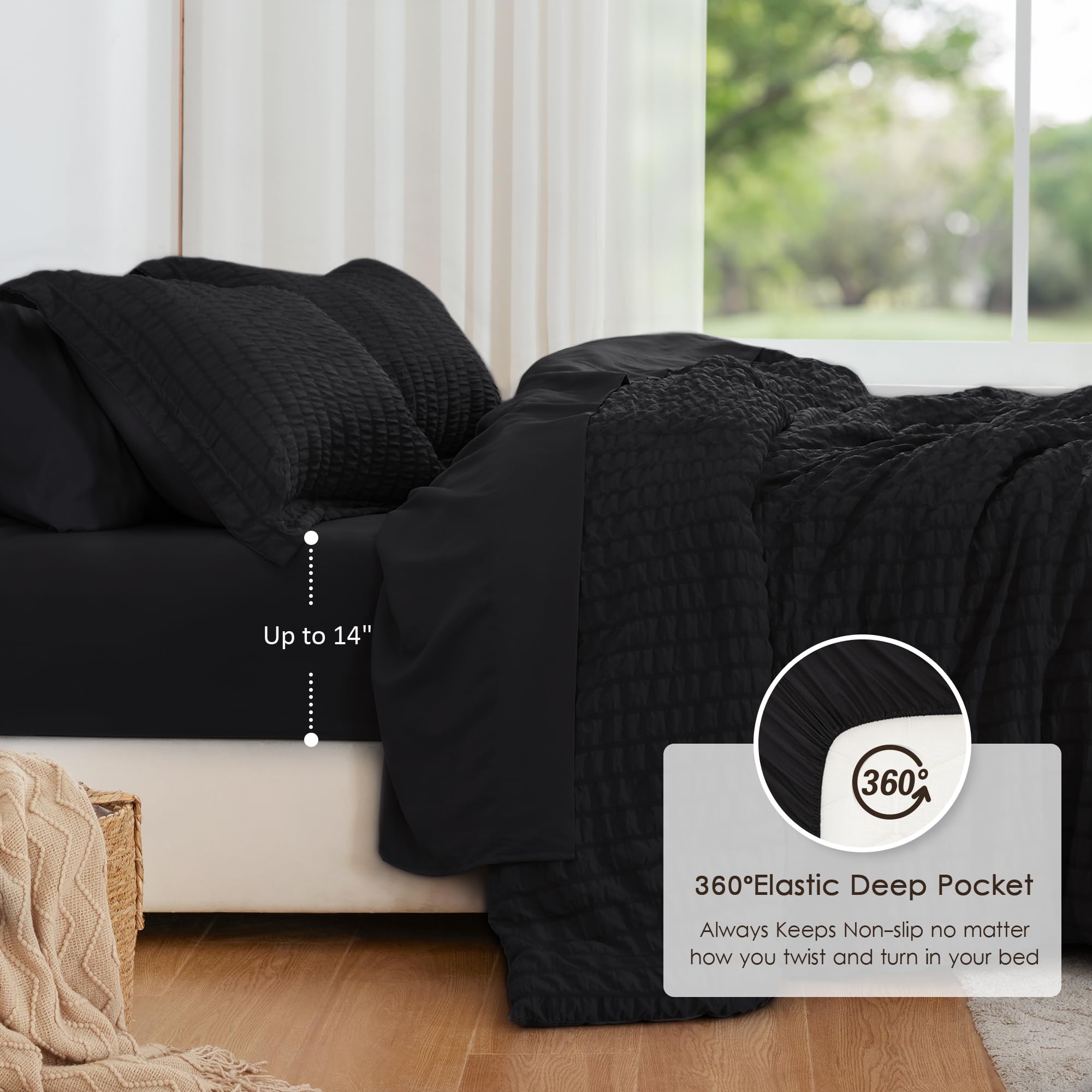 Love's Cabin Seersucker Black Queen Comforter Set - 7 Piece All Season Lightweight Bedding Set with Comforter, Flat Sheet, Fitted Sheet, Pillowcases & Shams | Perfect for Guest Rooms, Master Bedrooms & Dorm Decor