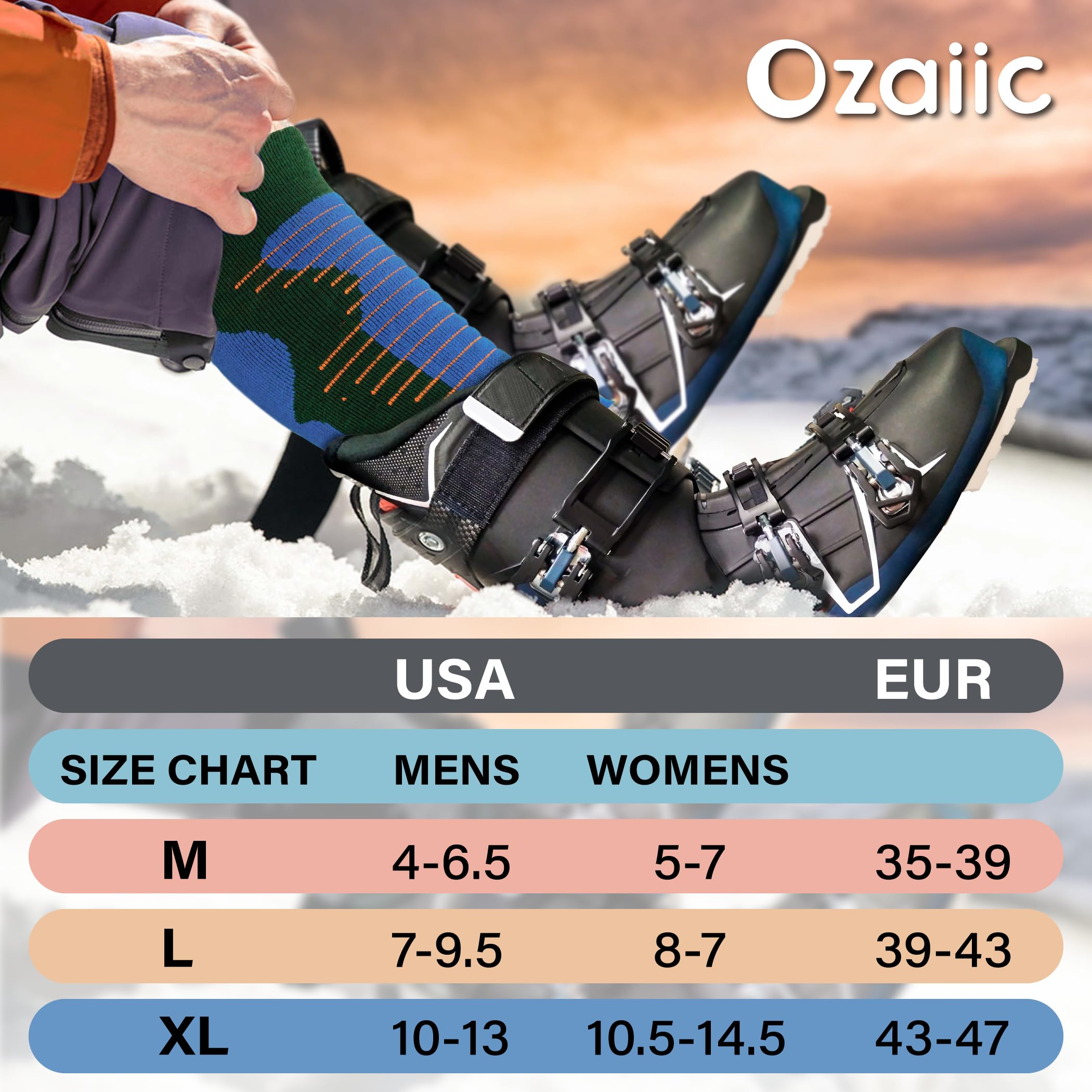Merino Wool Ski Socks for Men & Women - 2 Pairs Warm Thermal Performance Socks for Skiing & Snowboarding