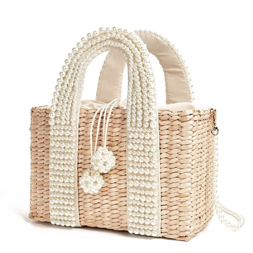 Stylish Women's Straw Basket Tote Bag with Pearl Accents - Large Crossbody Messenger Handbag for Women | Perfect for Beach, Shopping & Everyday Use