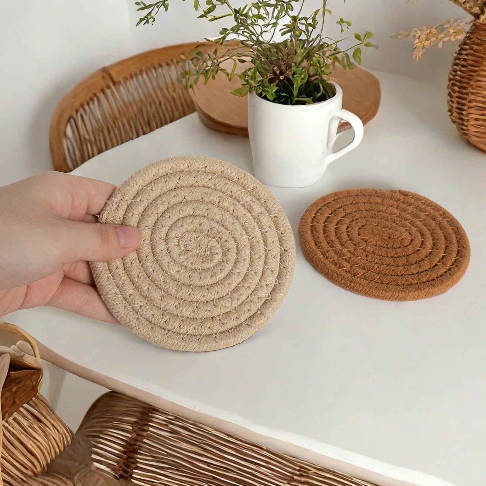 12 Pcs Boho Drink Coasters - Minimalist Cotton Handmade Woven Absorbent Coasters, Heat Resistant for Coffee, Tea & Beverages | Perfect for Kitchen, Dining Table, Home Decor & Housewarming Gifts