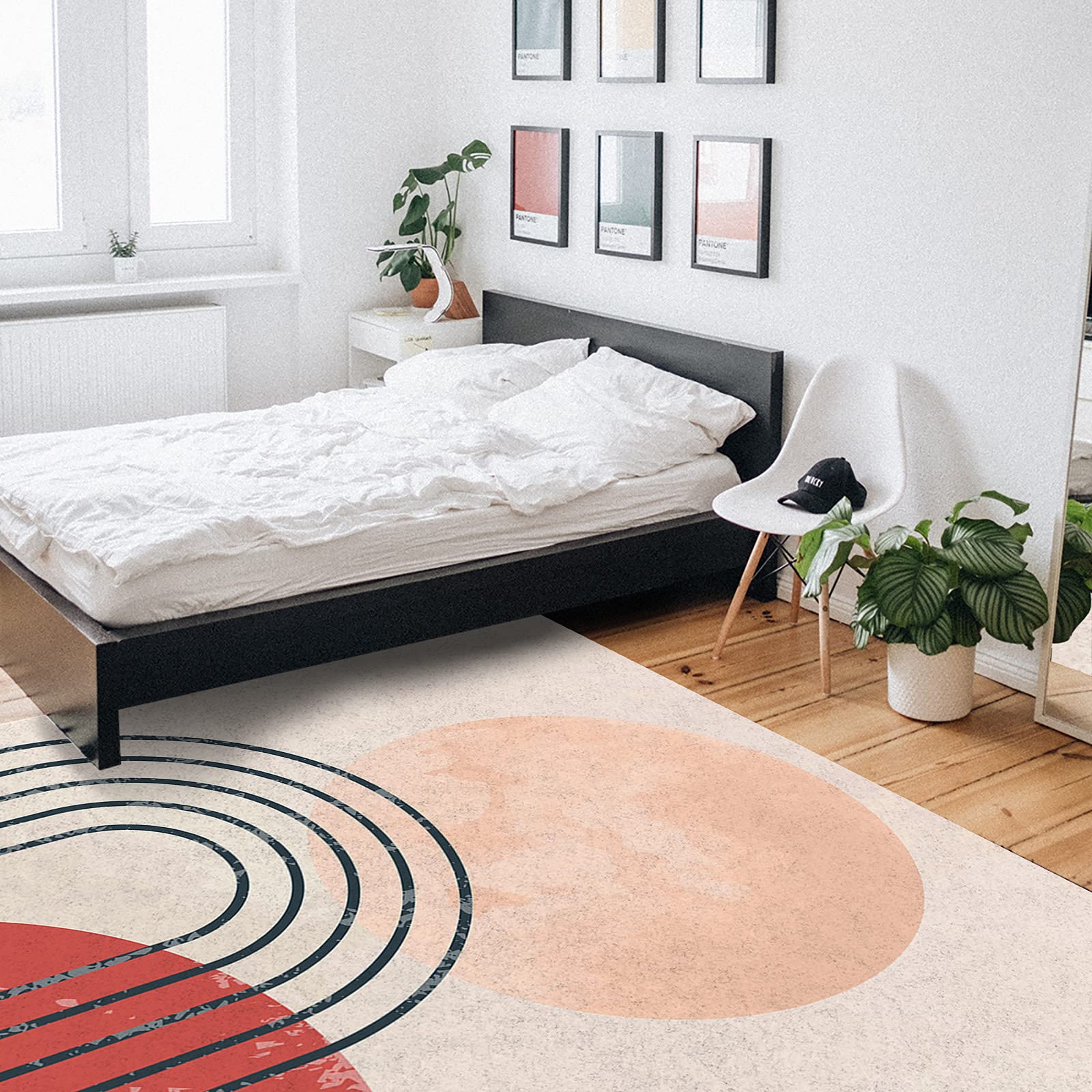 4'x6' Non-Shedding Boho Area Rug - Mid Century Abstract Art with Yellow Sun & Rainbow Design for Living Room, Bedroom, Kitchen & Bathroom Decor | Durable Indoor Outdoor Carpet Runner for Home & Apartment