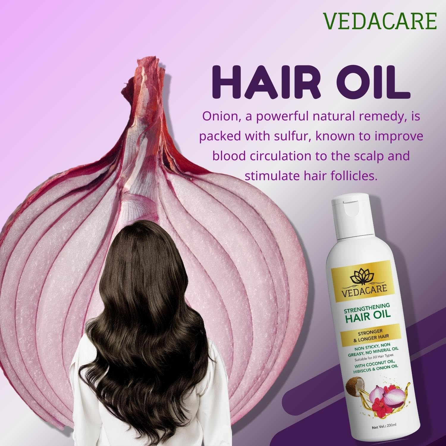 Vedacare Strengthening Hair Oil for Hair Fall Control - Natural Onion, Hibiscus & Coconut Oil Blend - Anti Hair Loss Treatment, No LLP, No Preservatives | Promotes Hair Growth & Reduces Hair Fall | Perfect for Daily Scalp Massage & Damaged Hair Repair