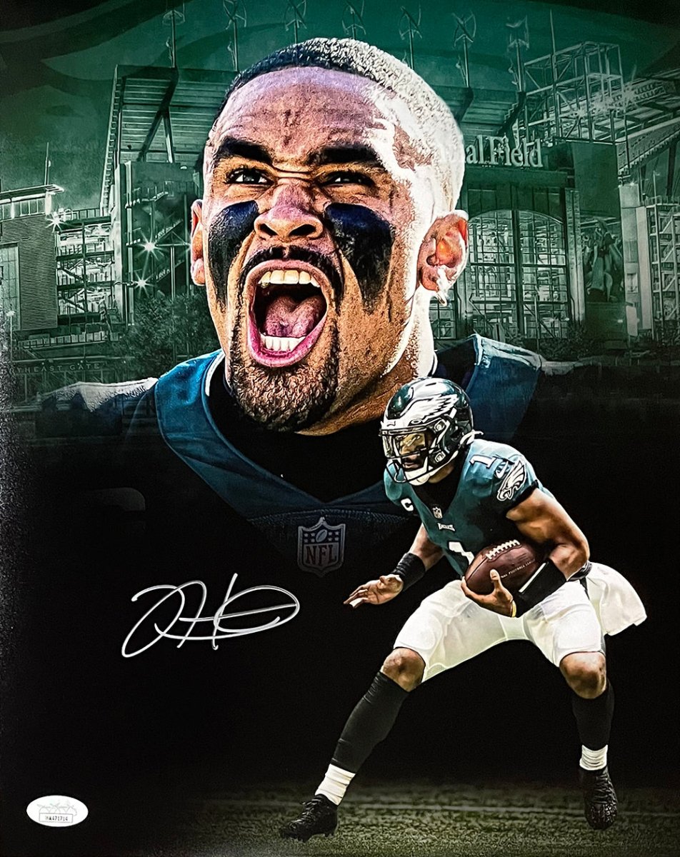 Jalen Hurts Autographed Philadelphia Eagles 11x14 Football Collage Photo with JSA Certificate - Perfect for Eagles Fans, Sports Memorabilia Collectors, and Man Cave Decor