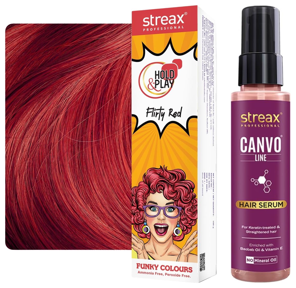 Streax Professional Canvoline Hair Serum for Women - Straight & Silky Hair Treatment - 100ml | Funky Colours Hair Color 100g - Flirty Red | Perfect for Daily Styling, Salon Results at Home, Vibrant Hair Coloring