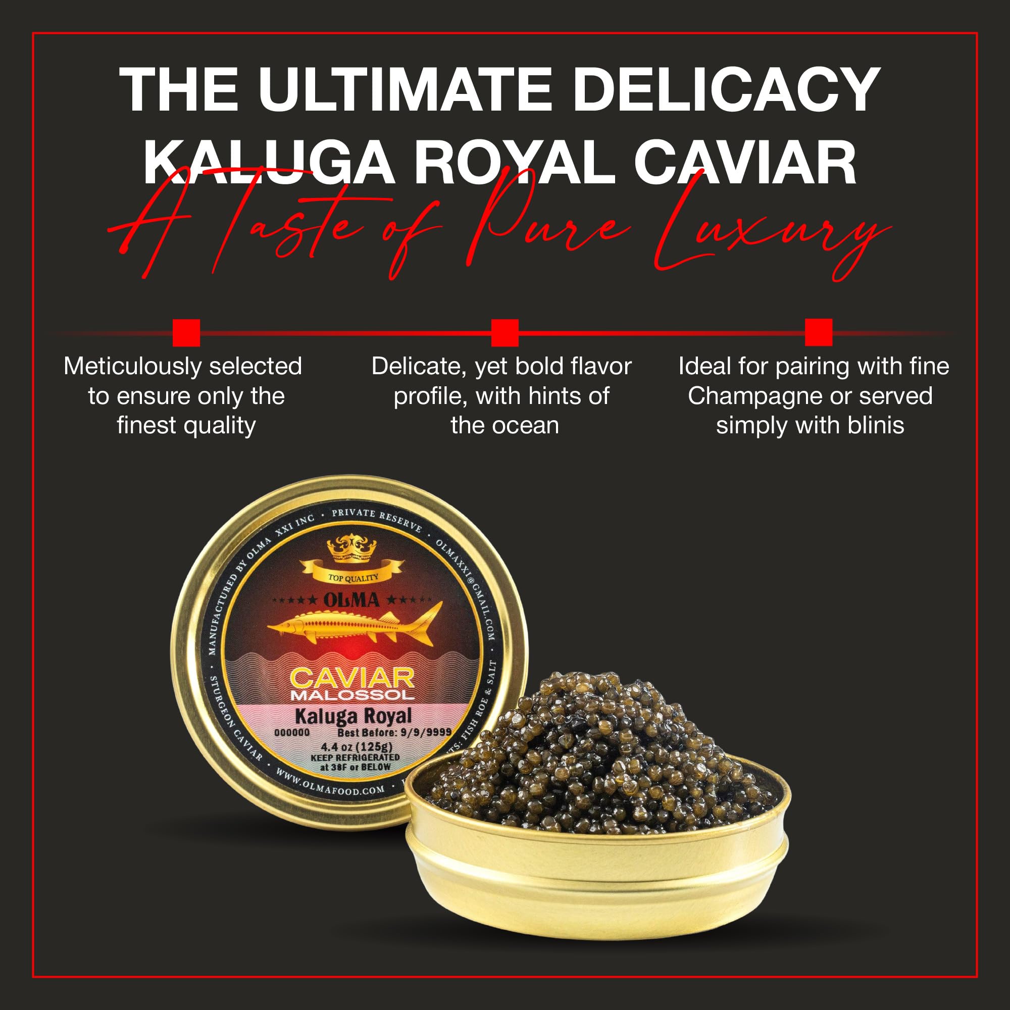 Premium OLMA Kaluga Sturgeon Black Caviar - Large Pearly Grains, Smooth Flavor, Superior Grade (4.4 oz/125g) - Fast Overnight Shipping - Perfect for Gourmet Dining, Special Occasions & Luxury Gifts