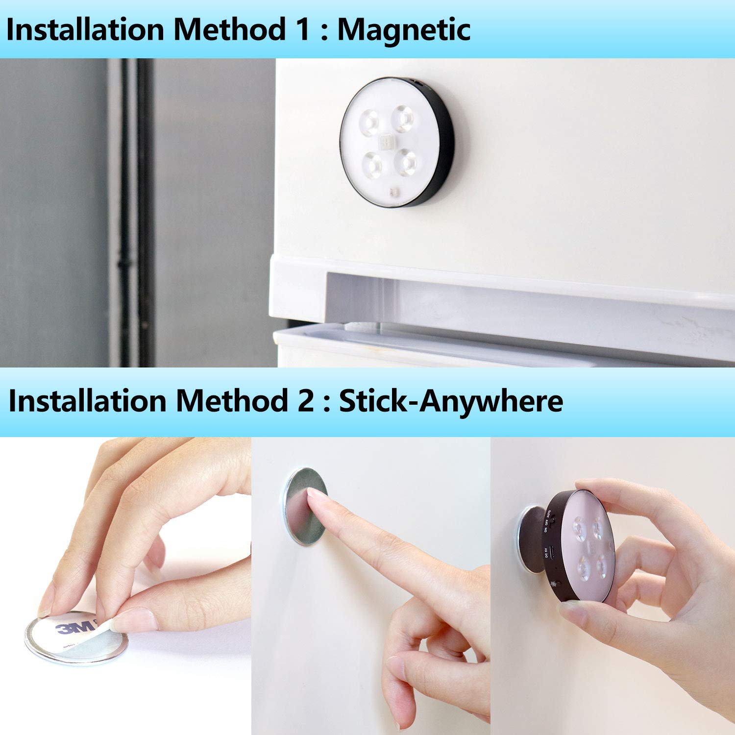 Rechargeable Motion Sensor LED Night Light for Closet, Hallway, Bathroom, Bedroom & Kitchen - Energy Saving Round Black Nightlight (2 Pack) - Perfect for Kids Rooms, Stairs Safety & Elderly Care at Night