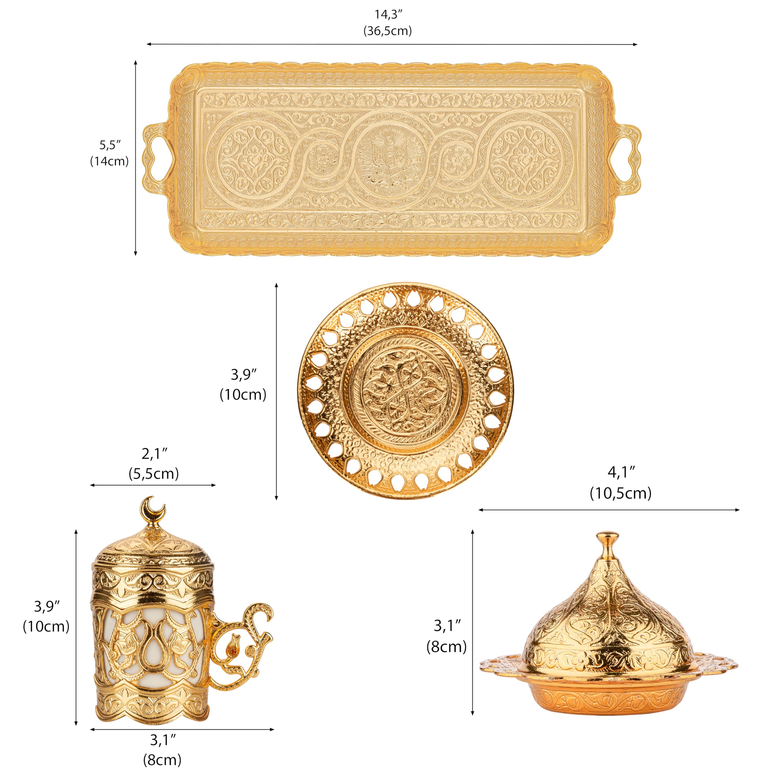 Premium Ottoman Turkish Greek Arabic Espresso Coffee Cups with Saucer and Lid - Set of 2, Gold Hilal Design - Perfect for Middle Eastern Coffee Ceremonies, Home Decor & Gift Giving