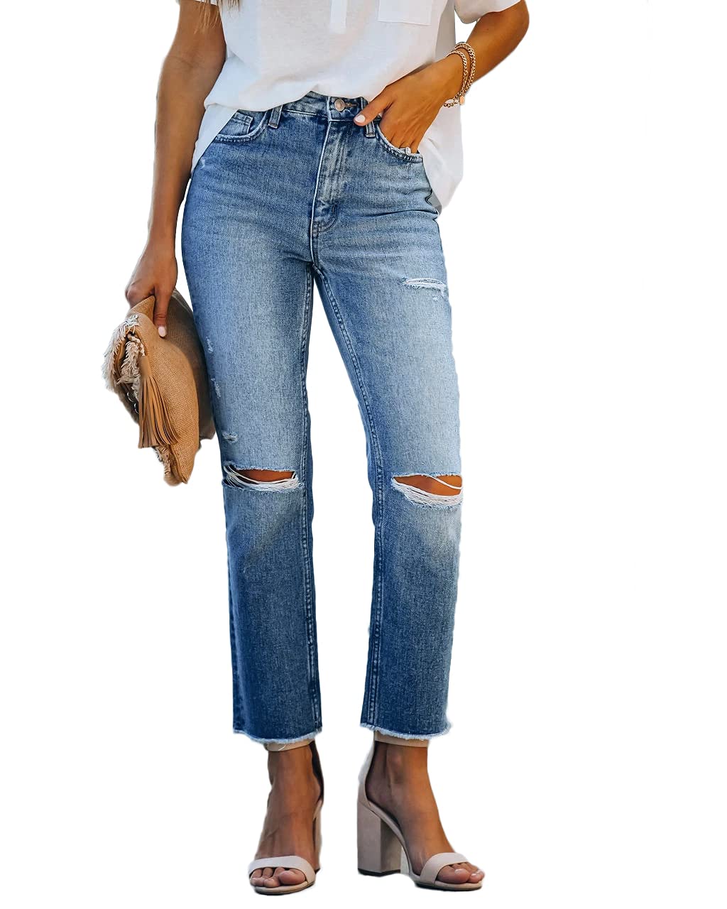 Lesore Women's High Waist Stretch Distressed Jeans - Ripped Destroyed Denim Pants for Casual Wear, Street Style & Everyday Outfits
