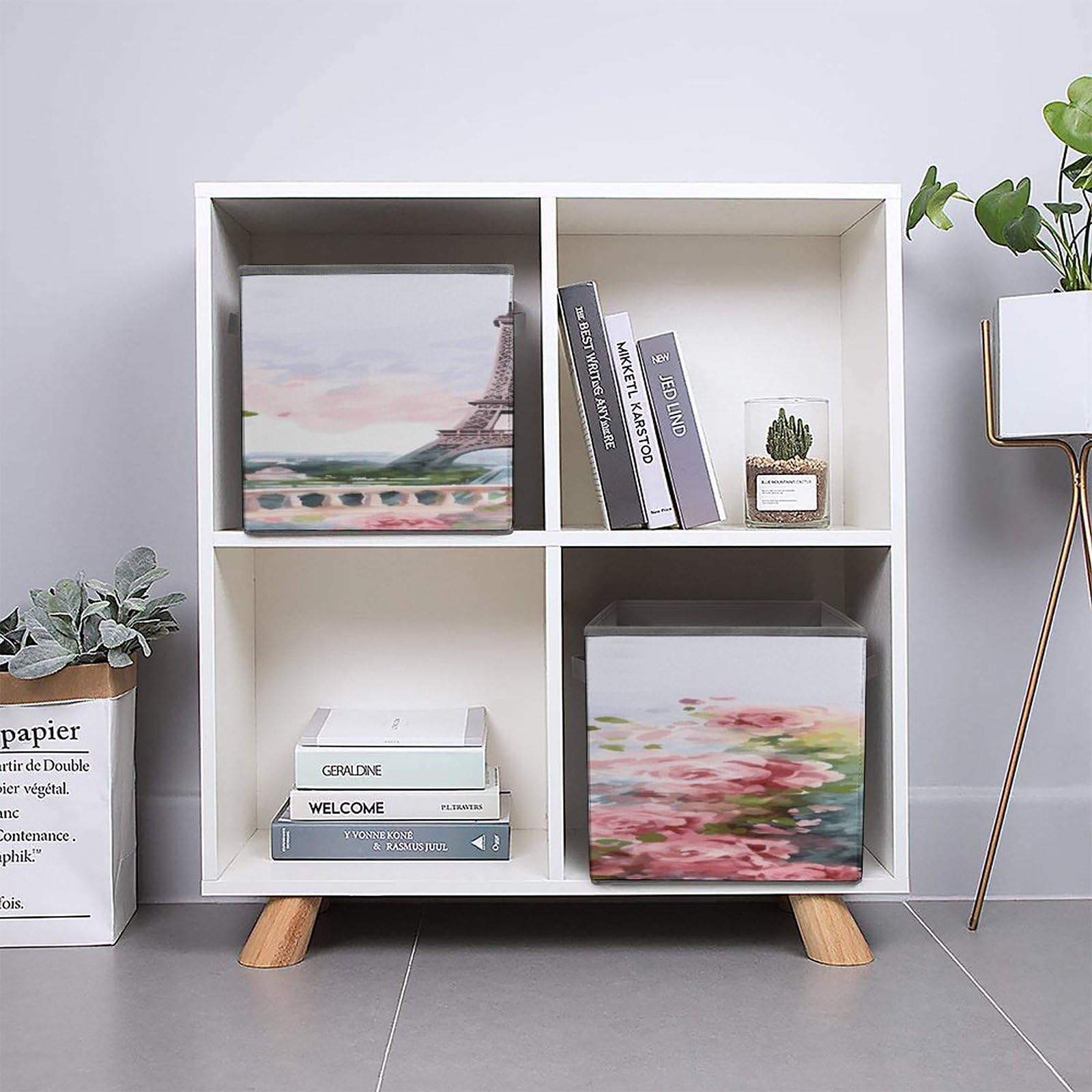 Collapsible Storage Cubes with Paris Eiffel Tower & Flowers Print - 10.6×10.6 Inch Foldable Fabric Bins with Handles for Home Organization - Perfect for Closet, Nursery, Office & Laundry Room Storage