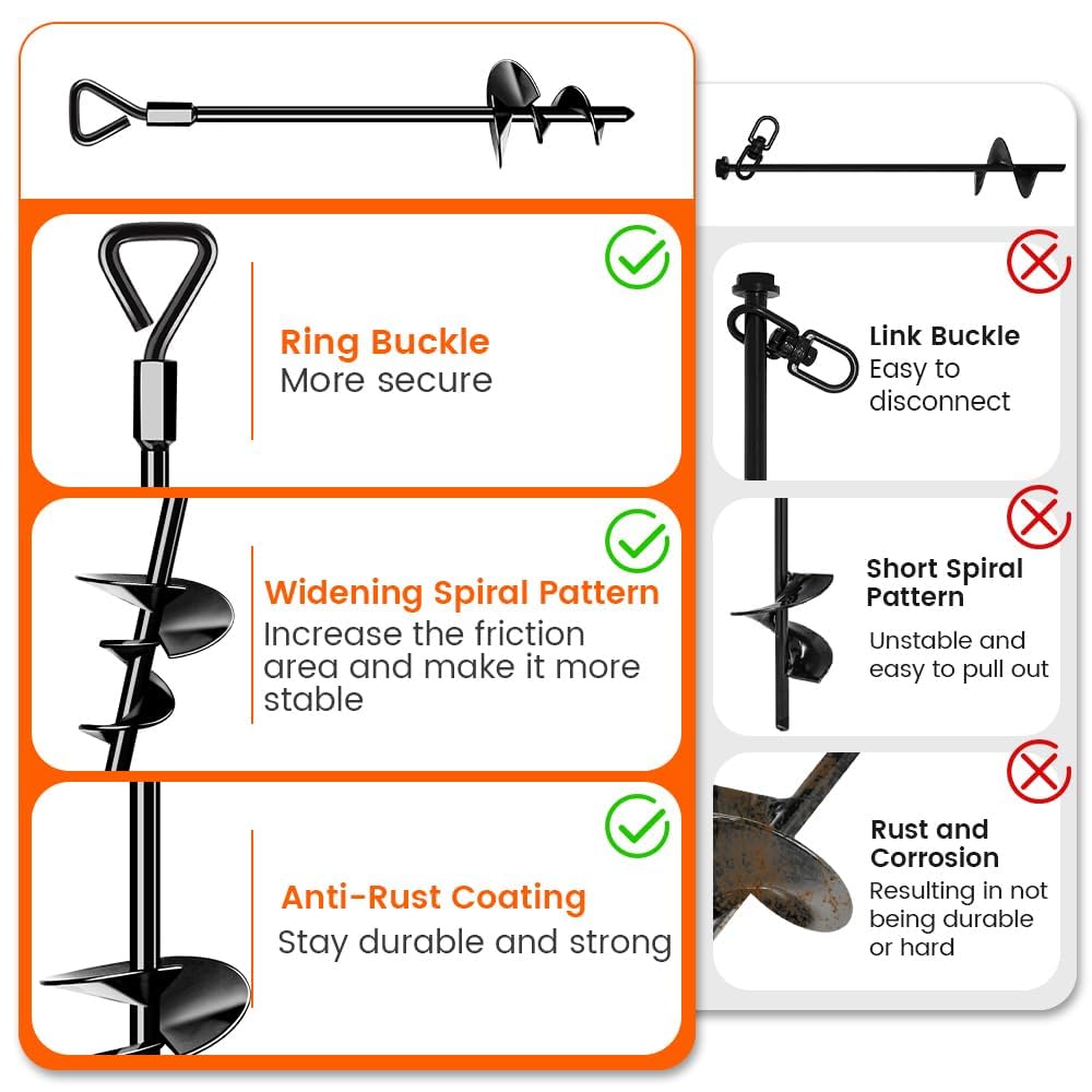 Heavy Duty 14in Screw-In Ground Anchors - 4 Pack for Tents, Canopies, Trampolines & Outdoor Structures | Secure Camping Gear in High Winds for Tents, Carports, Sheds & Swing Sets