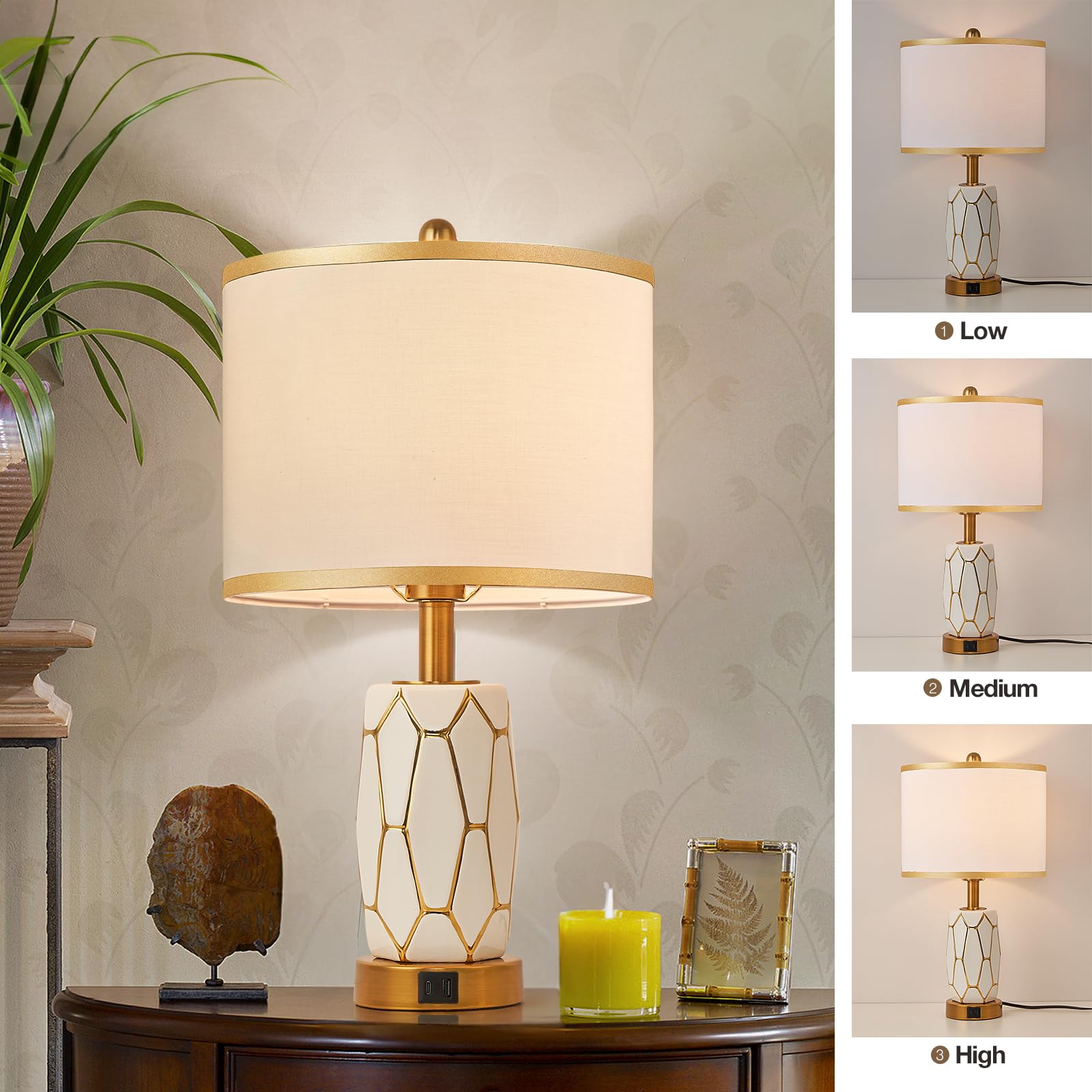 2 Pack Modern Touch Control Ceramic Table Lamps with USB Ports & Fabric Drum Shade - Black/White Nightstand Lamps for Bedroom, Living Room, Office - Includes LED Bulbs (White) - Perfect for Reading, Relaxing & Home Decor