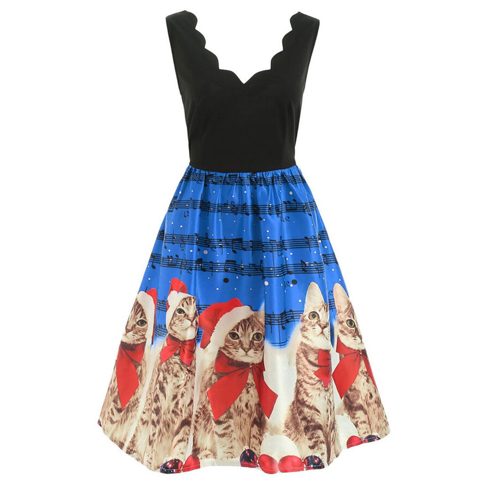 Vintage Christmas Cat Print Women's Midi Dress - V-Neck Pullover Cocktail Party Dress for Holiday, Evening & Festive Occasions