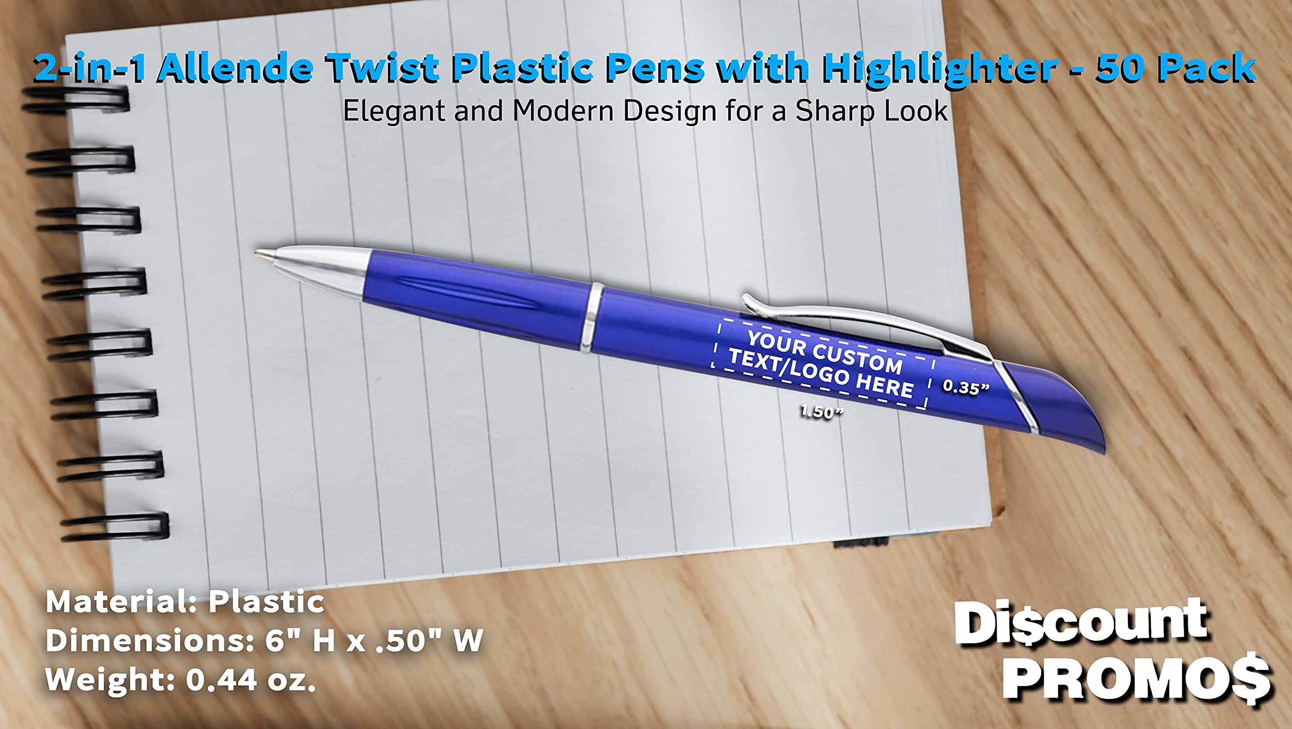50 Pack Allende Twist Plastic Pens with Highlighter - Custom Text & Logo Printing - Durable Black Ink Office & School Supplies for Business Promotions, Note Taking & Gift Giving