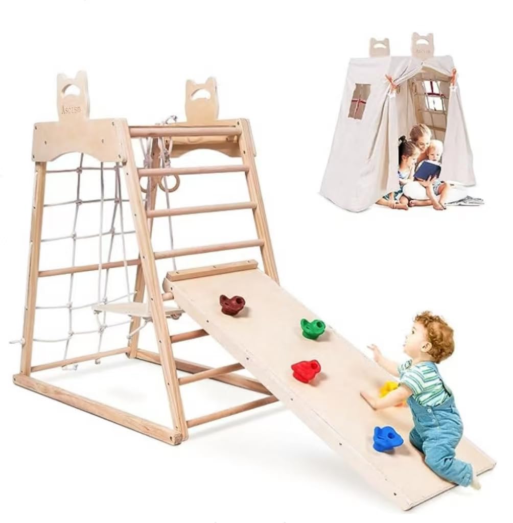 8-in-1 Wooden Jungle Gym Indoor Playground Set for Toddlers - Montessori Climbing Toys with Slide, Swing, Climbing Net, Tent & Gymnastics Rings - Perfect for Home Playrooms, Daycares & Indoor Active Play