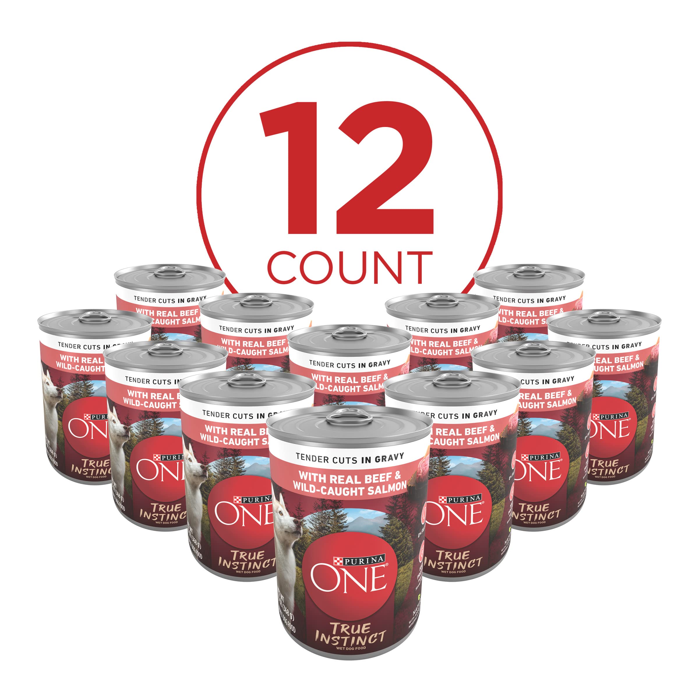 Purina ONE High Protein Wet Dog Food - True Instinct Tender Cuts in Gravy with Real Beef & Wild Salmon (12 Pack, 13 oz Cans) | Premium Nutrition for Active Dogs & Puppies | Perfect for Training Rewards, Mealtime & Outdoor Adventures