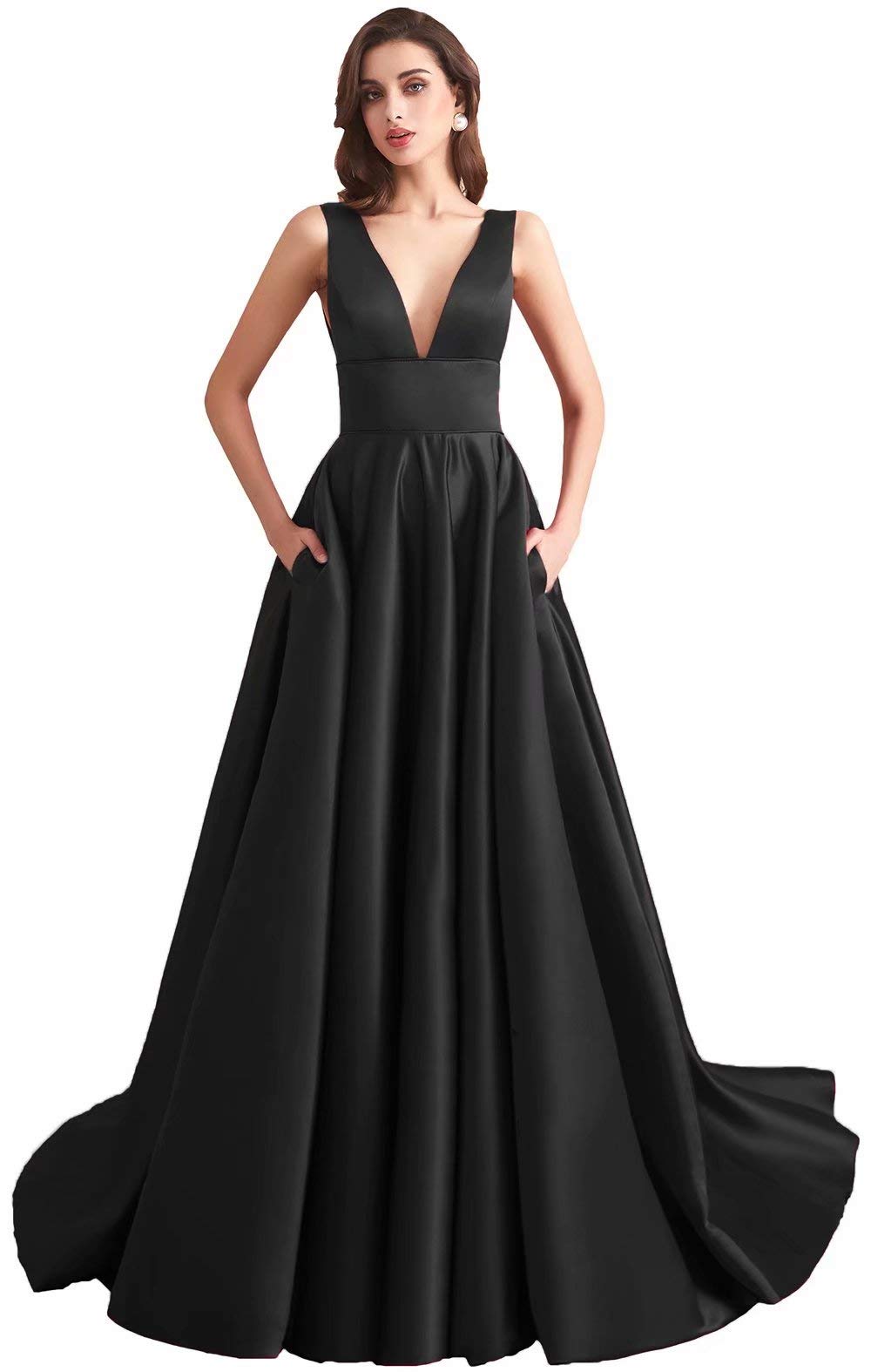 Elegant V-Neck Satin Prom Dress for Women - Long Formal Evening Gown with Pockets | Wedding, Party & Special Occasion Wear