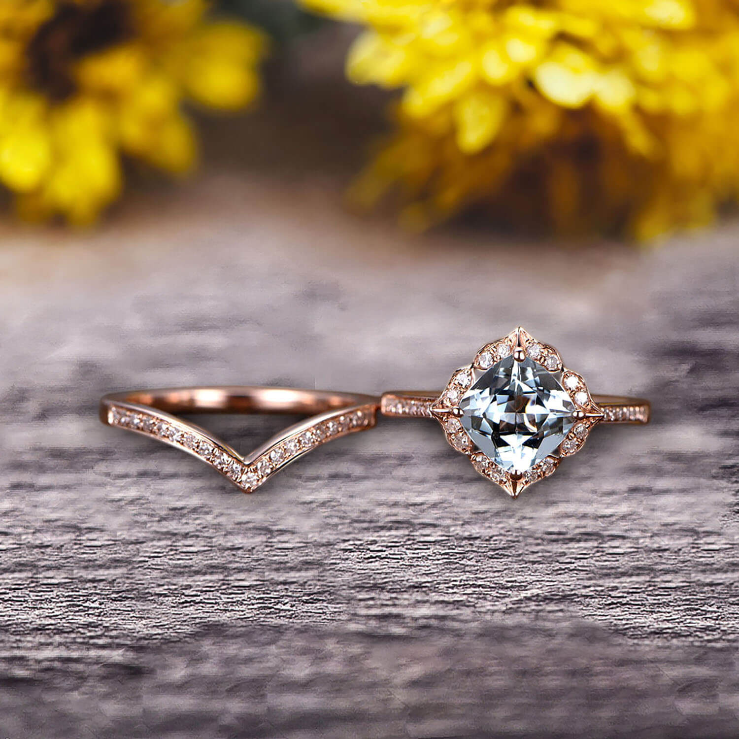 1.75 Carat Aquamarine Engagement Ring in 10k Rose Gold with V-Shape Matching Wedding Band - Halo Cushion Cut Anniversary Ring for Women | Perfect for Proposals, Weddings & Special Occasions