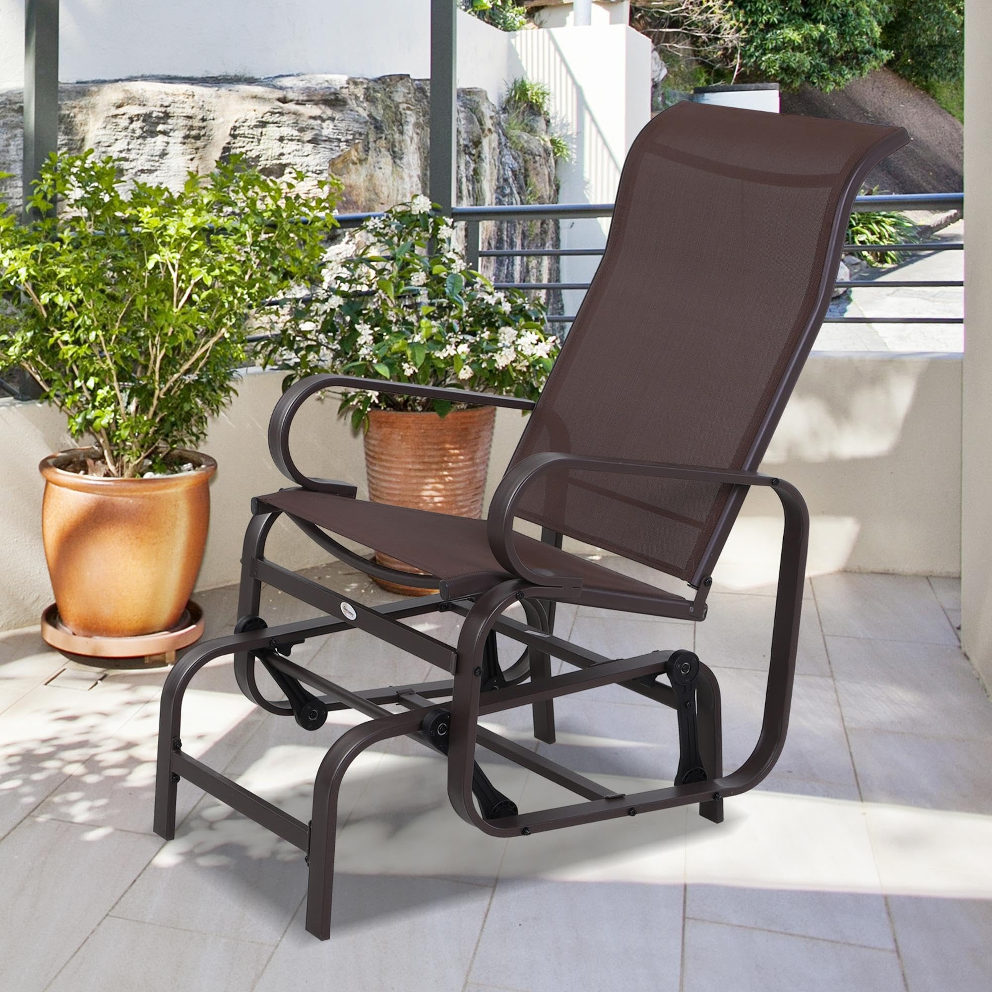 Outsunny Outdoor Glider Chair - Patio Rocking Chair with Smooth Swing Motion, Lightweight Durable Design for Backyard, Garden & Deck - Brown (Perfect for Relaxing, Reading & Enjoying Nature)