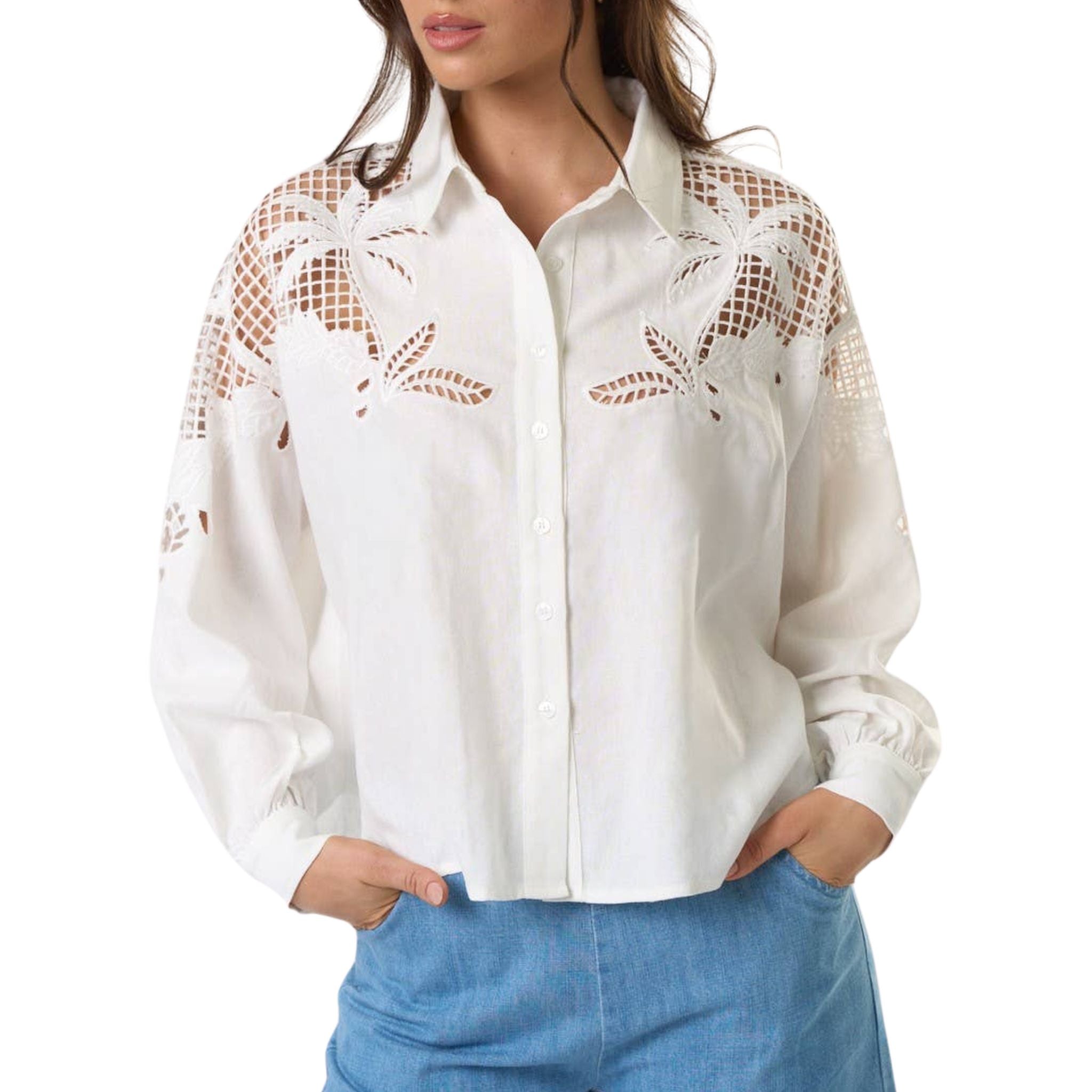 Embroidered Cutout Button Down Shirt for Women - Stylish Floral Blouse with Unique Design, Perfect for Office, Date Night & Casual Outfits