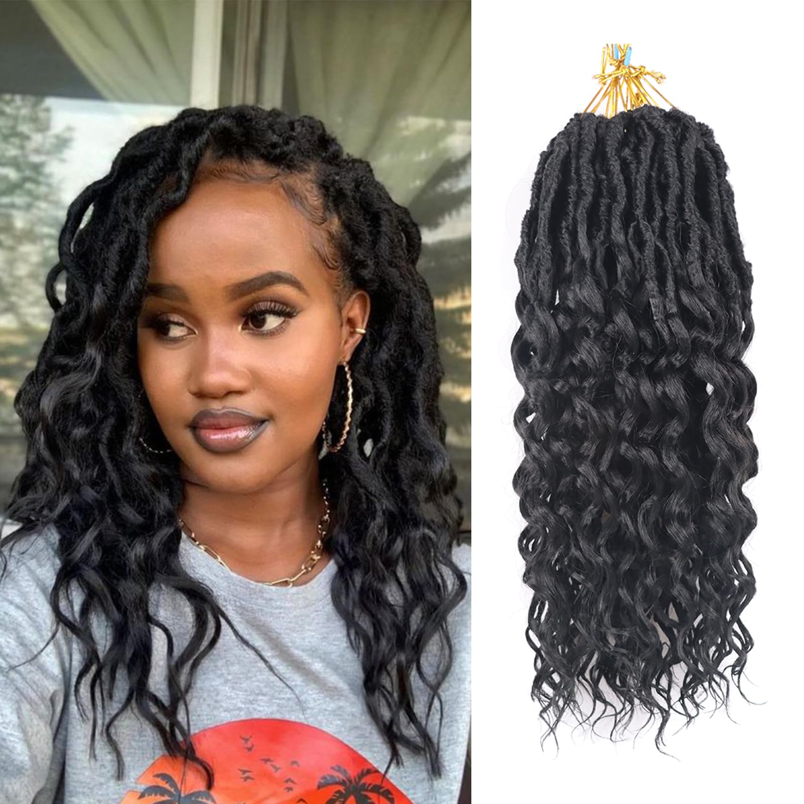 14 Inch Deep Faux Locs Crochet Hair - 8 Packs Goddess Locs Crochet Braids with Soft Curly Ends | Pre-Looped Wavy Crochet Hair for Black Women (1B) | Perfect for Protective Styling, Everyday Wear & Special Occasions