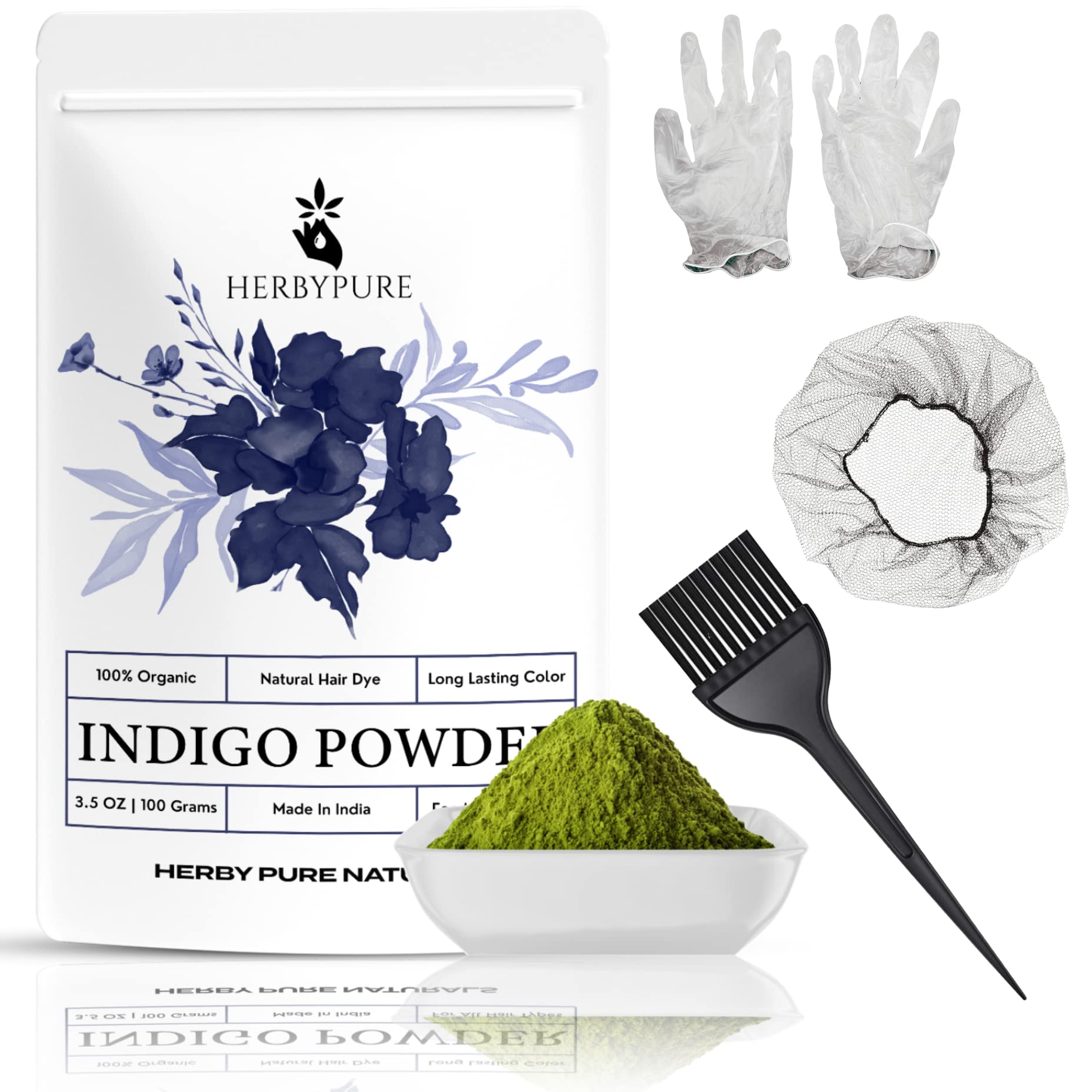 Herby Pure Organic Indigo Powder for Black Hair - 100g Natural Hair Dye with Free Applicator, Gloves & Hair Net | DIY Hair Coloring at Home, Safe & Chemical-Free