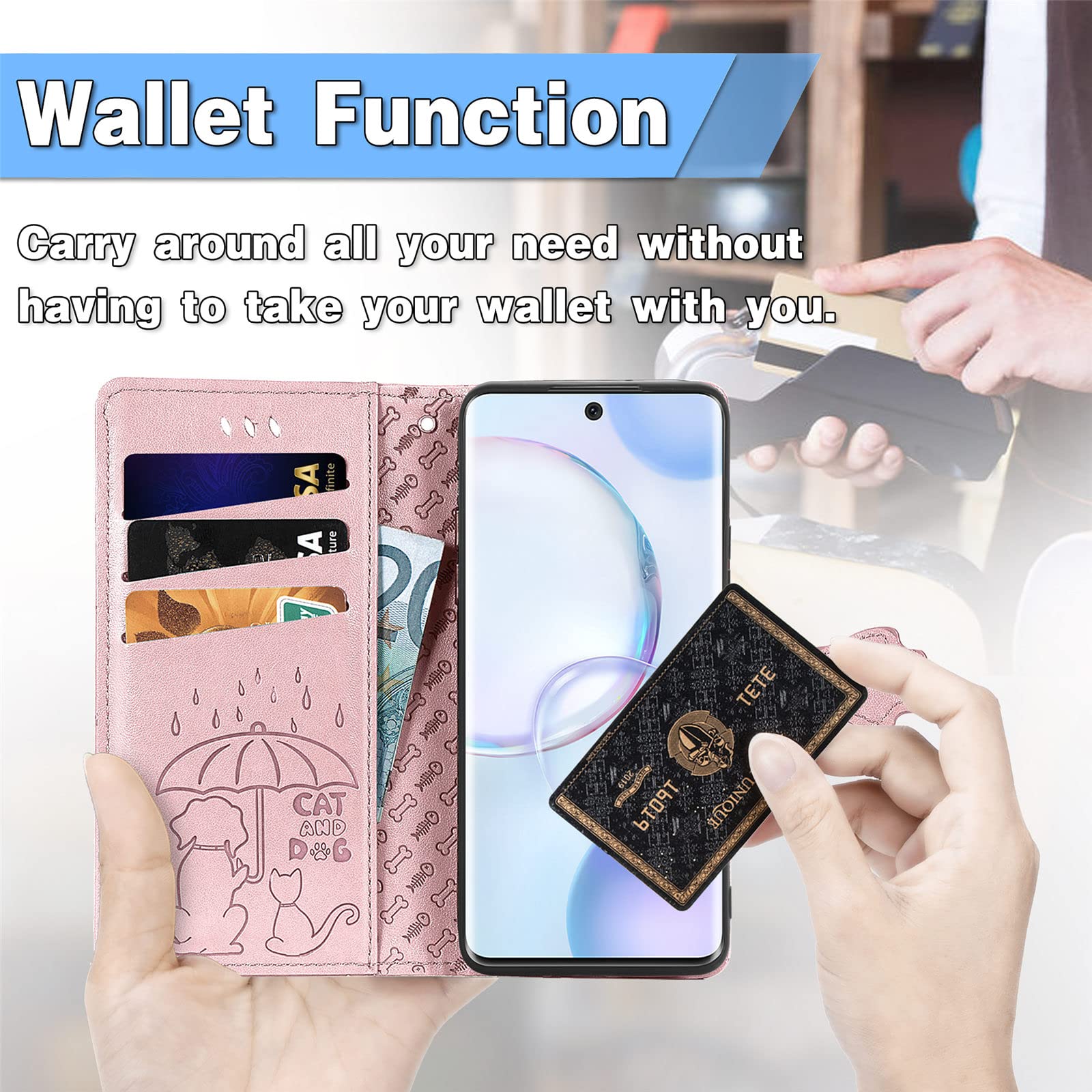 Cute Cartoon Cat & Dog Wallet Case for Huawei Honor 50/Nova 9 - PU Leather Flip Cover with ID Card Holder (Rose Gold) - Perfect for Daily Use, Travel & Shopping