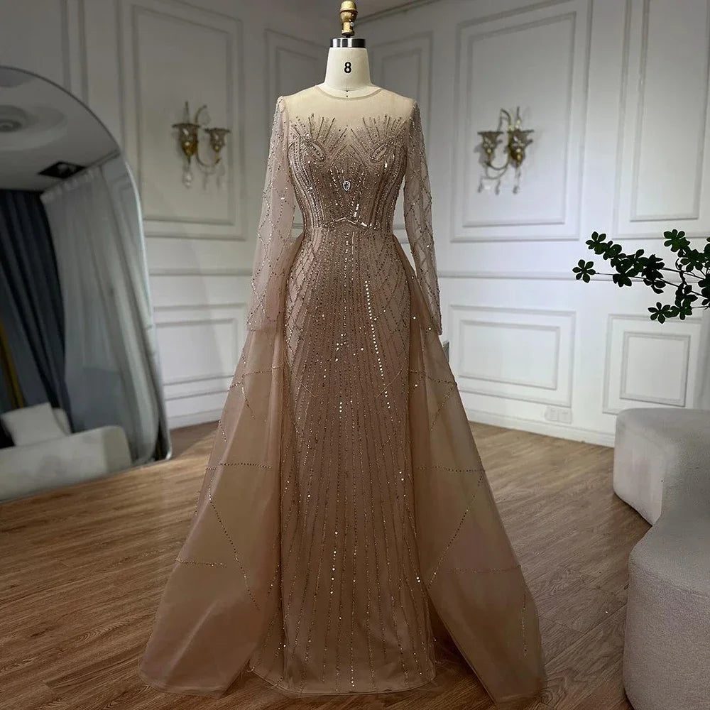 Serene Hill Muslim Beige Elegant Overskirt Mermaid Luxury Beaded Gold Evening Dresses Gowns 2025 For Women - Perfect for Weddings, Prom, Gala & Formal Events