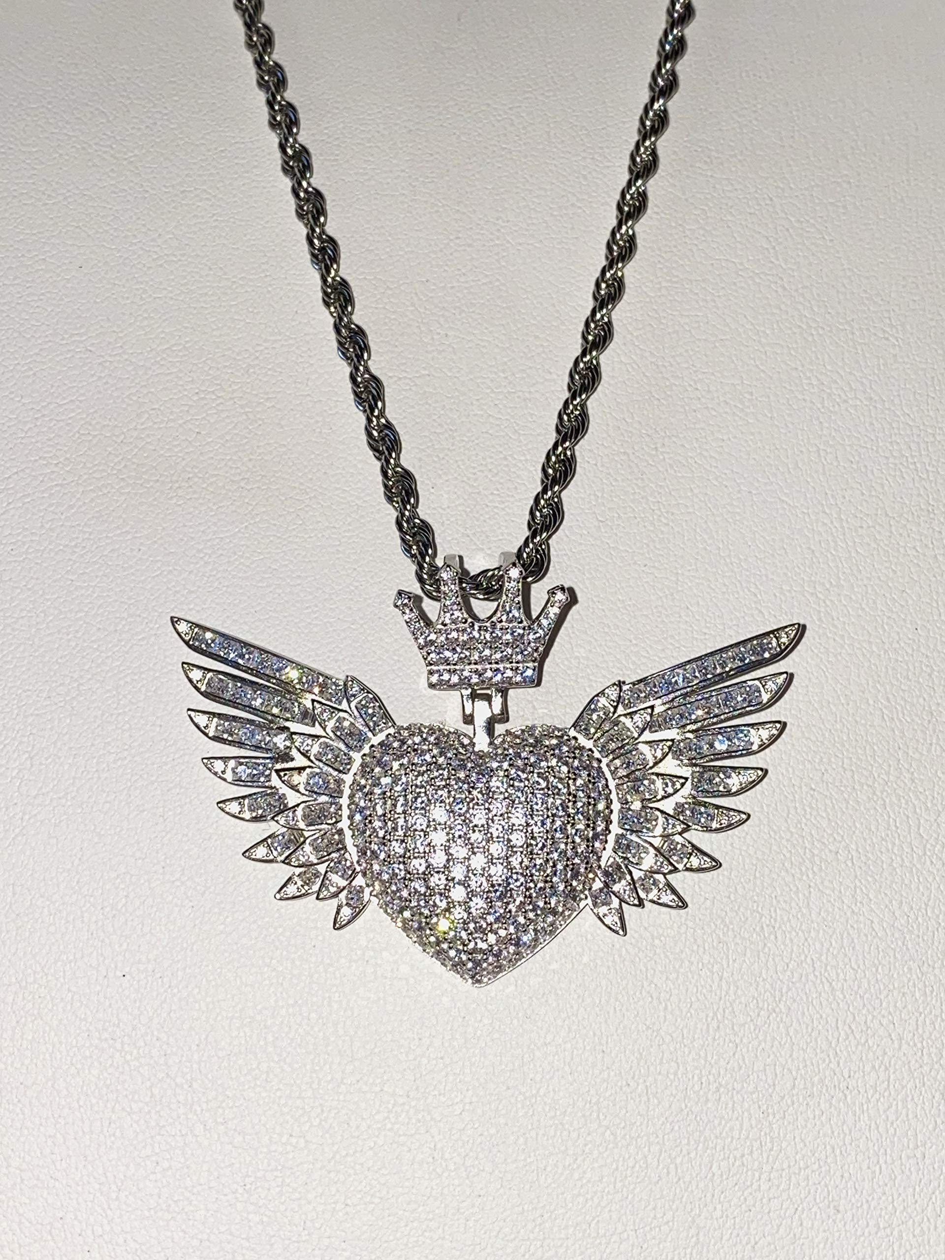 925 Sterling Silver Angel Heart Pendant Necklace for Men & Women - Italian White Gold Finish Iced Out Charm with 3mm Stainless Steel Rope Chain (16