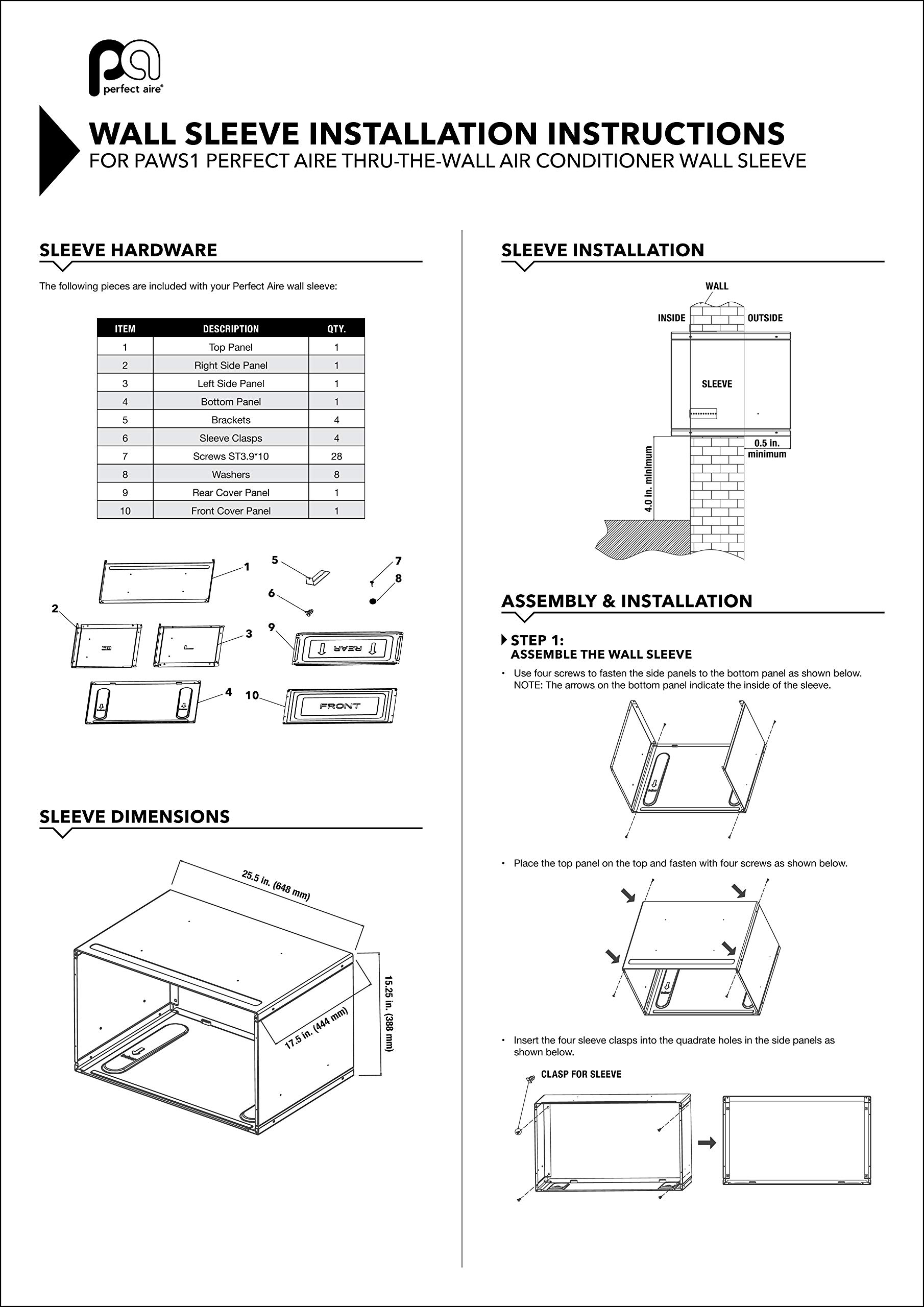 PerfectAire Universal Wall Sleeve for Window AC Units - Durable Metal AC Support Bracket for Home & Office Cooling - Easy Installation for Efficient Air Conditioning Systems