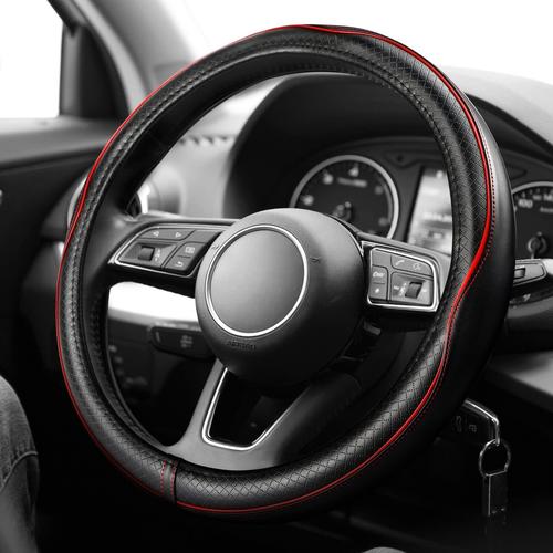 Universal Fit Steering Wheel Cover Protector - 15 Inch Synthetic Leather Car Accessory (Black/Red) for Comfort & Grip - Perfect for Daily Commute, Road Trips & Winter Driving