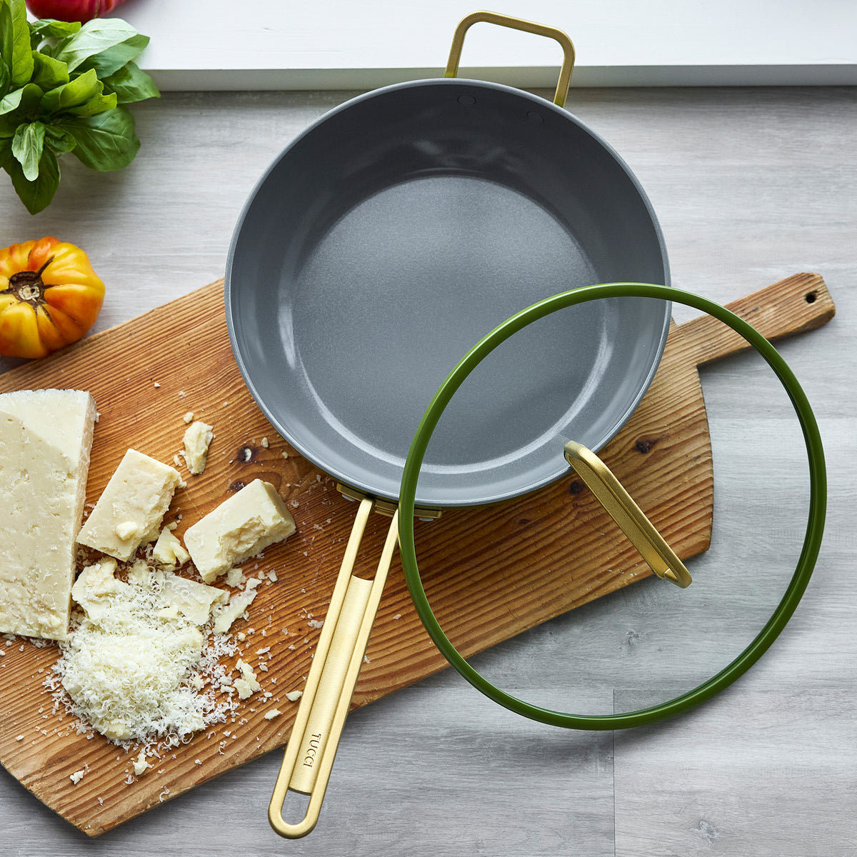 Stanley Tucci™ Ceramic Nonstick 4.5 Quart Saucepan with Lid - Eco-Friendly Cookware for Healthy Cooking | Perfect for Pasta, Soups & Sauces | Tuscan Olive Collection