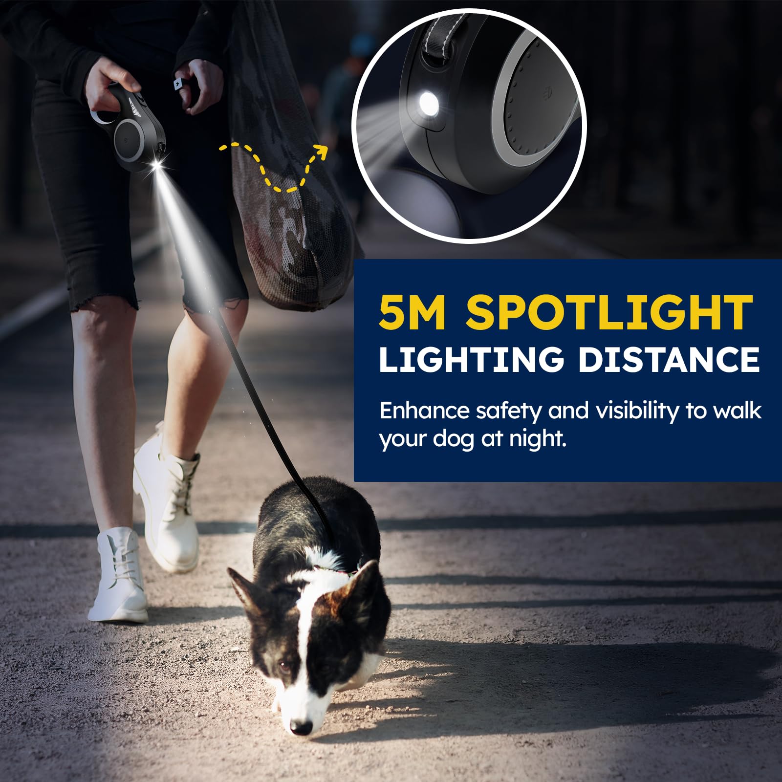 MAXLAPTER 16ft Retractable Dog Leash for Small & Medium Dogs Up to 45lbs - LED Light, Rechargeable, Tangle-Free Nylon Tape with Anti-Slip Handle (Black) - Perfect for Night Walks, Jogging & Outdoor Adventures