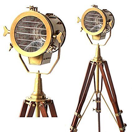 THOR INSTRUMENTS Adjustable Vintage Searchlight Lamp - Antique Brass & Brown Wood Tripod - Rustic Home Decor Gift for Study, Living Room, or Office Lighting
