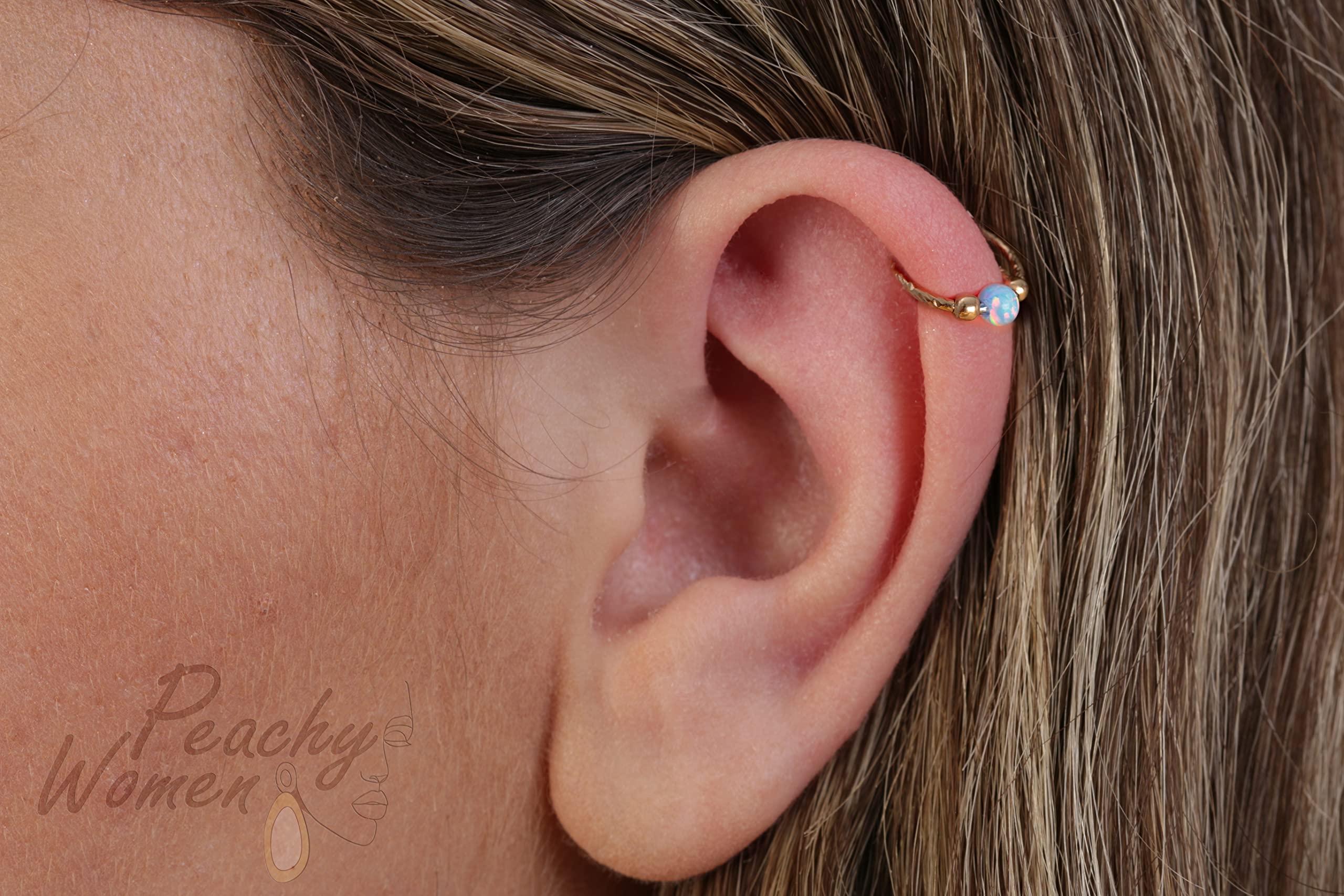 14K Gold Filled Hammered Helix Ring Hoop with Blue Opal - 20 Gauge Cartilage Earring for Ear Piercing - Perfect for Everyday Wear, Gifts & Boho Style