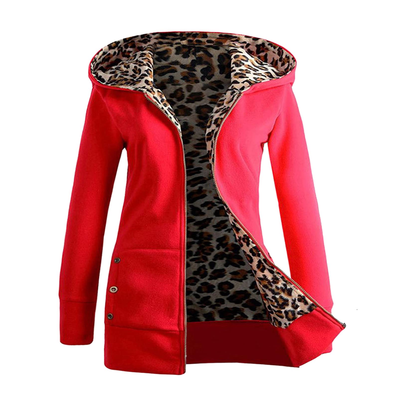 Women's Winter Hooded Jacket with Zipper & Velvet Lining - Thick Fleece Leopard Print Coat for Cold Weather | Perfect for Outdoor Activities & Fashion Layering