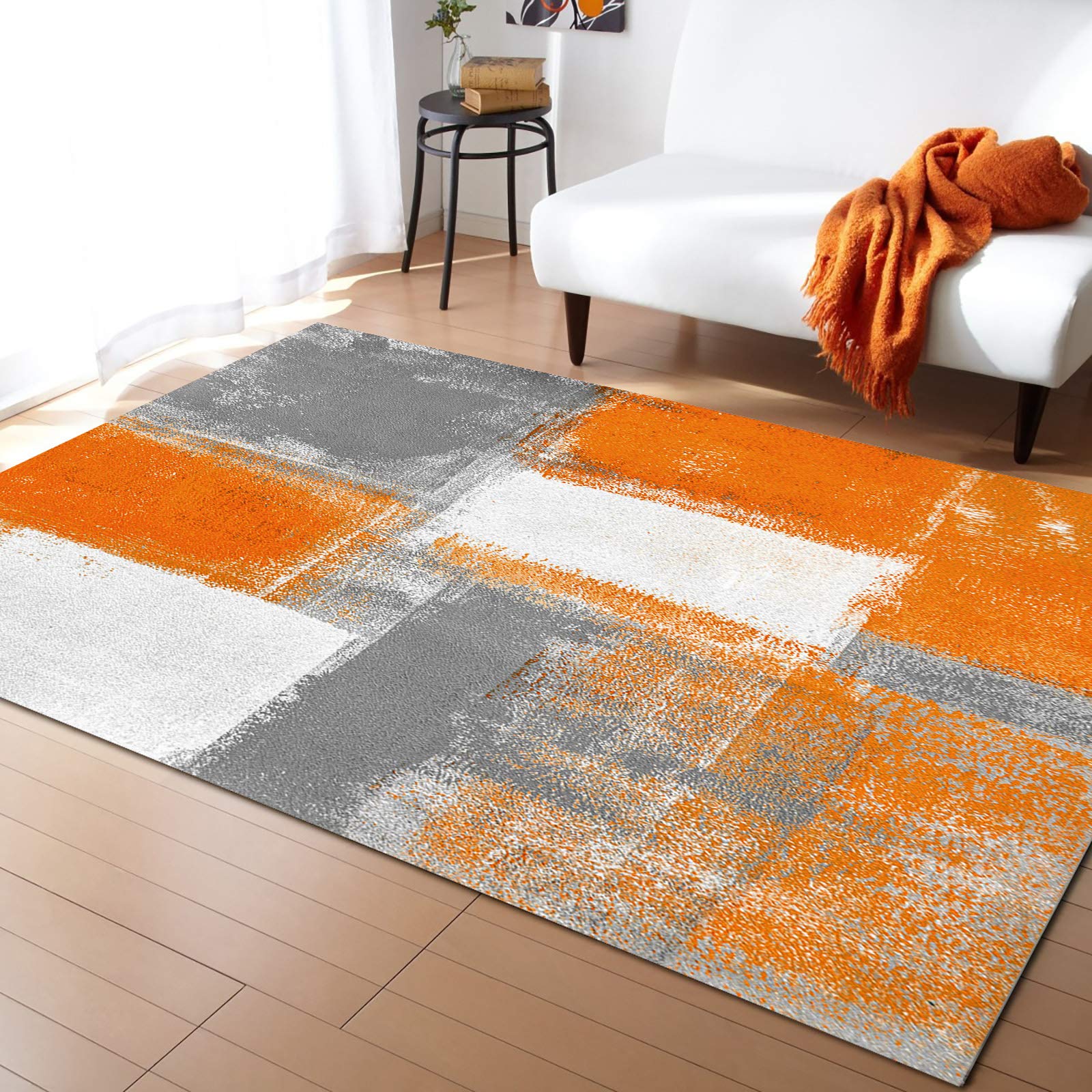 LBDecor 5x7ft Large Non-Slip Area Rug - Abstract Oil Painting Design for Living Room, Bedroom, Hallway & Nursery - Indoor/Outdoor Geometric Carpet in Orange | Perfect for Home Decor, Office Spaces & High-Traffic Areas