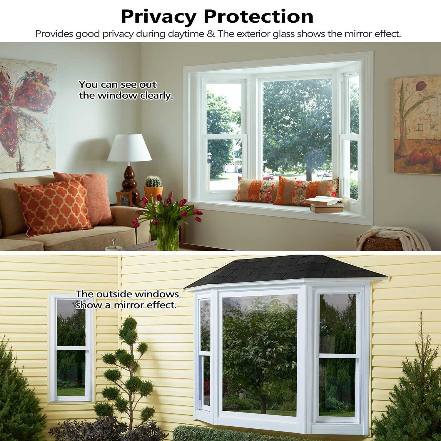HooTown One Way Window Film - Heat Control & UV Blocking Privacy Window Tint for Home & Office - Static Non-Adhesive Silver Mirror Film (35.4
