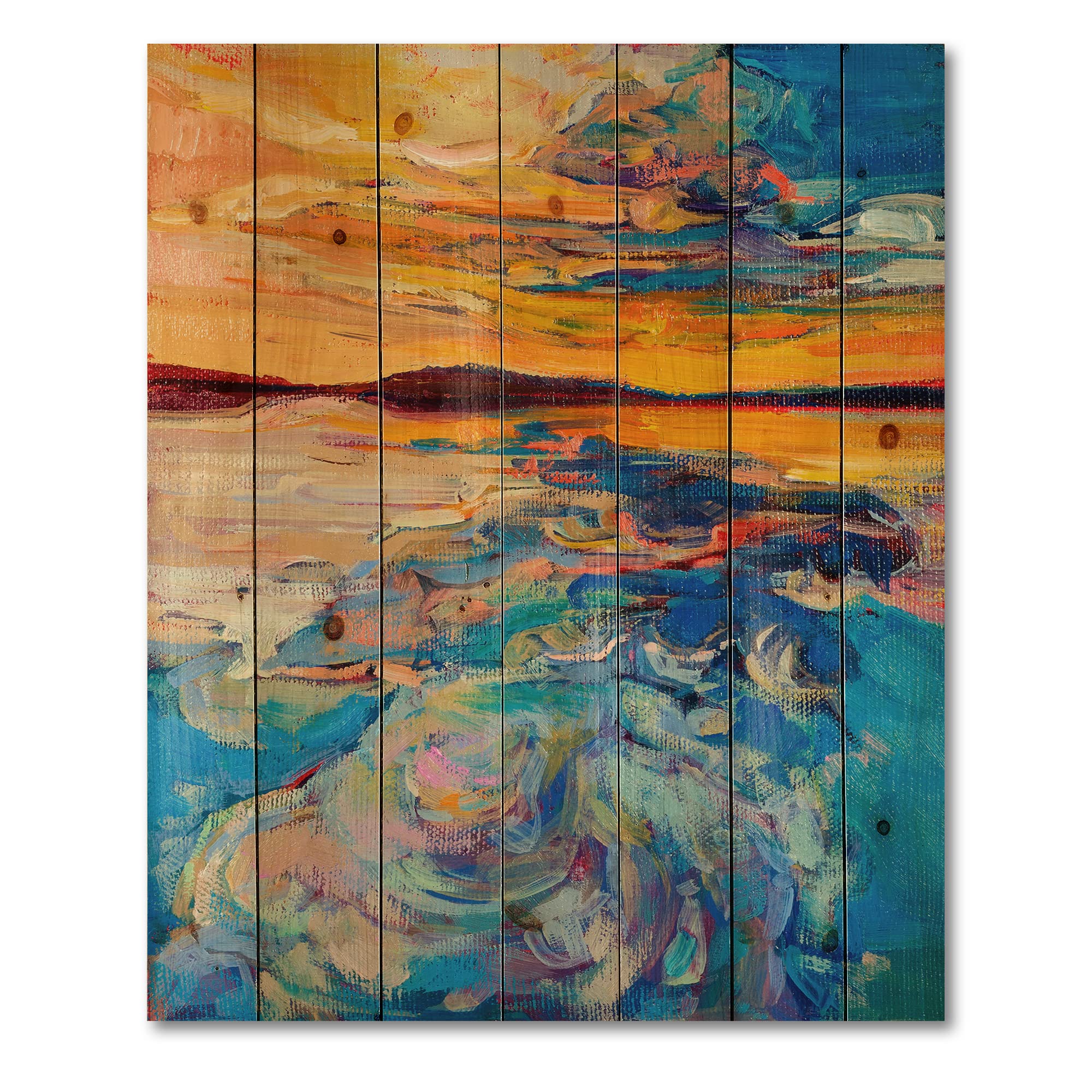 Orange Sunset Over Blue Waves Coastal Wood Wall Art - Large Abstract Nautical Wood Panel Decor Printed on Natural Pine - Perfect for Beach House, Living Room & Office Wall Decor