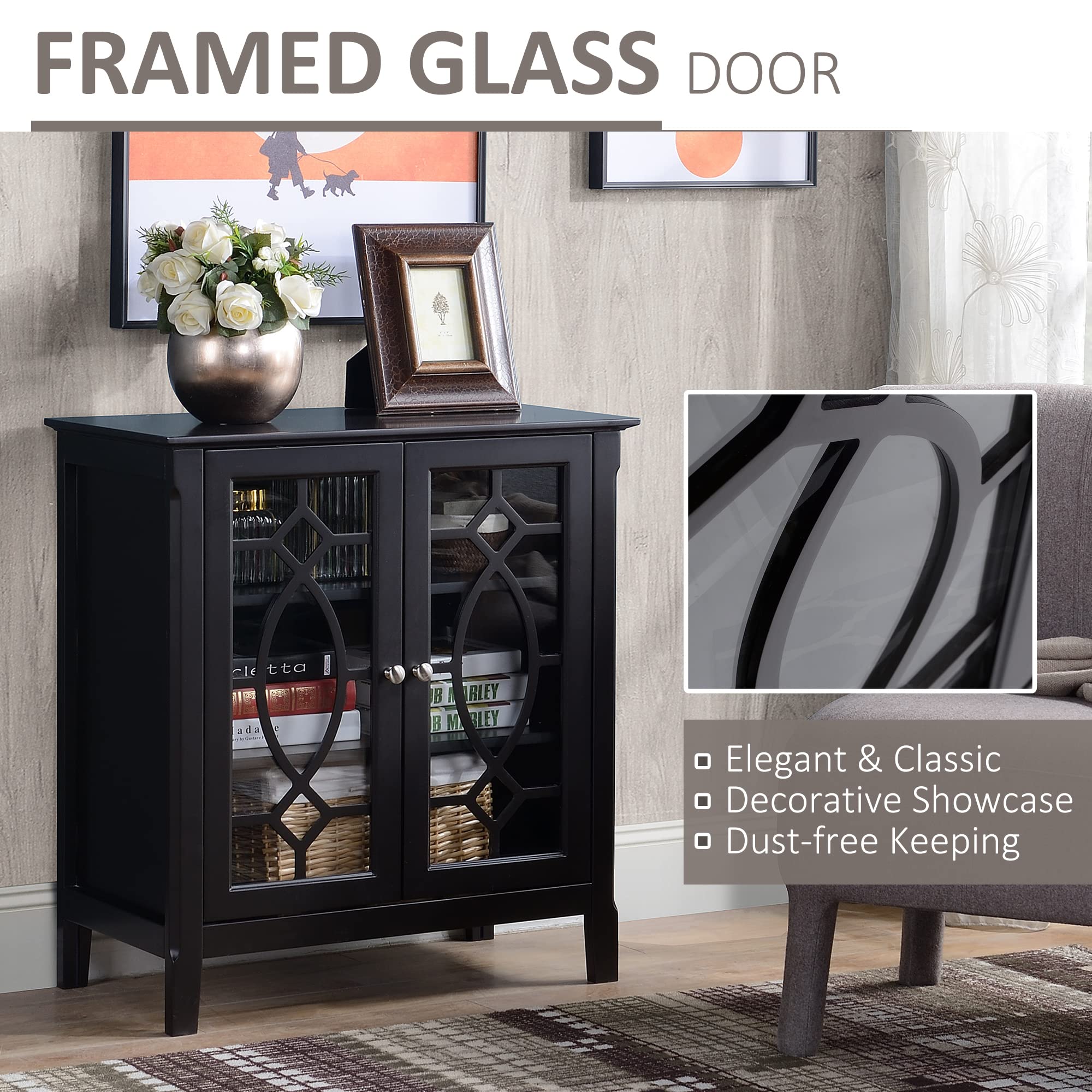 HOMCOM Sideboard Buffet Cabinet - Kitchen Storage Cabinet with Double Glass Doors & Adjustable Shelves, Espresso Finish - Perfect for Dining Room, Living Room, and Kitchen Organization