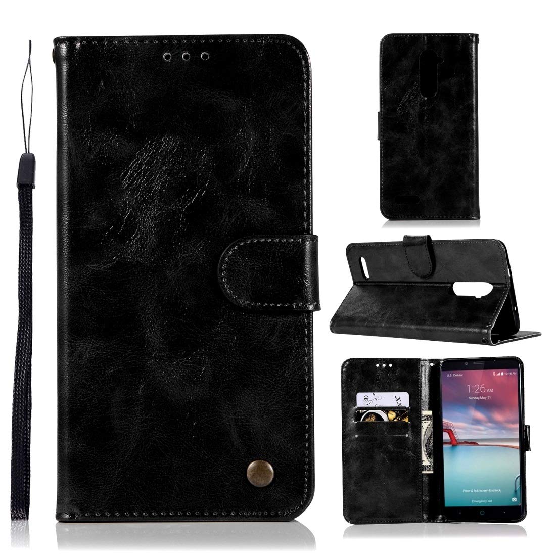ZTE Zmax Pro / Z981 Retro Leather Flip Phone Case with Card Holder, Wallet & Lanyard - Horizontal PU Leather Cover with Copper Buttons (Wine Red/Black) - Perfect for Business, Travel & Daily Protection