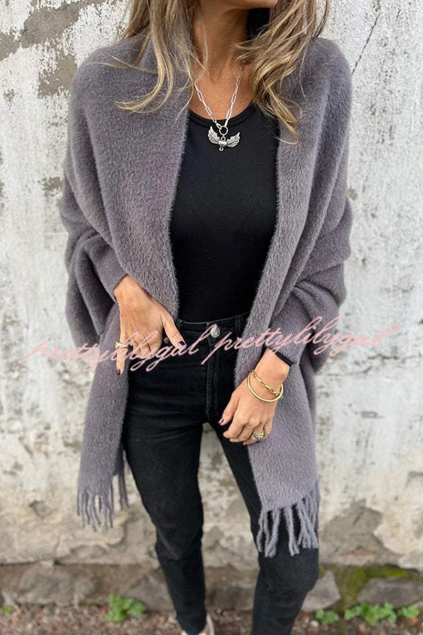 Cozy Knit Plush Tassel Trim Relaxed Shawl Cardigan for Women - Soft Warm Winter Wrap Sweater for Lounge, Travel & Casual Outfits