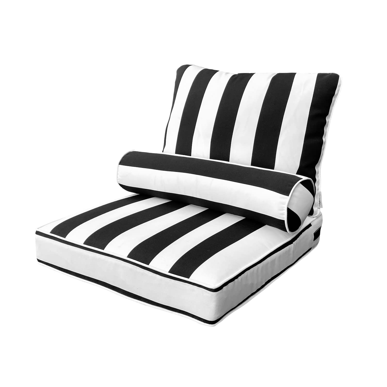 Outdoor Waterproof Deep Seat Cushion Set for Patio Furniture - Fade Resistant Garden Cushions with Inserts & Bolster Pillows for Sofa, Bed, Couch - Striped Black Design - Perfect for Backyard, Deck & Poolside Relaxation