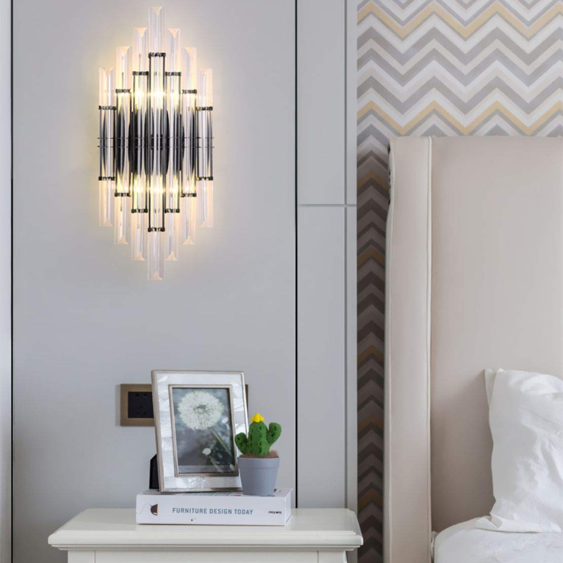 Modern Crystal Wall Sconce Lighting - Mid-Century Elegant Metal Wall Mount Light Fixture with Clear Crystal Mirror - Perfect for Bedroom, Living Room & Dining Room Décor (Black) | Energy Efficient LED Wall Light for Home & Office Interior Design