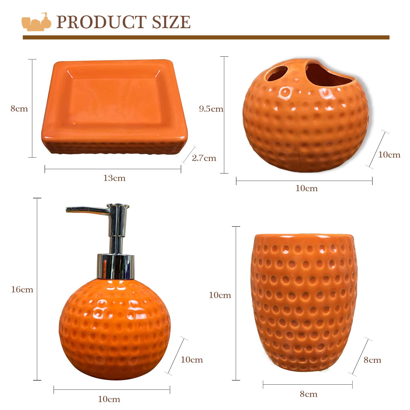 BBRURIY 4-Piece Orange Ceramic Bathroom Decor Set - Soap Dispenser, Soap Dish, Cup & Toothbrush Holder | Modern Bathroom Accessories for Home, Apartment, Hotel Decor