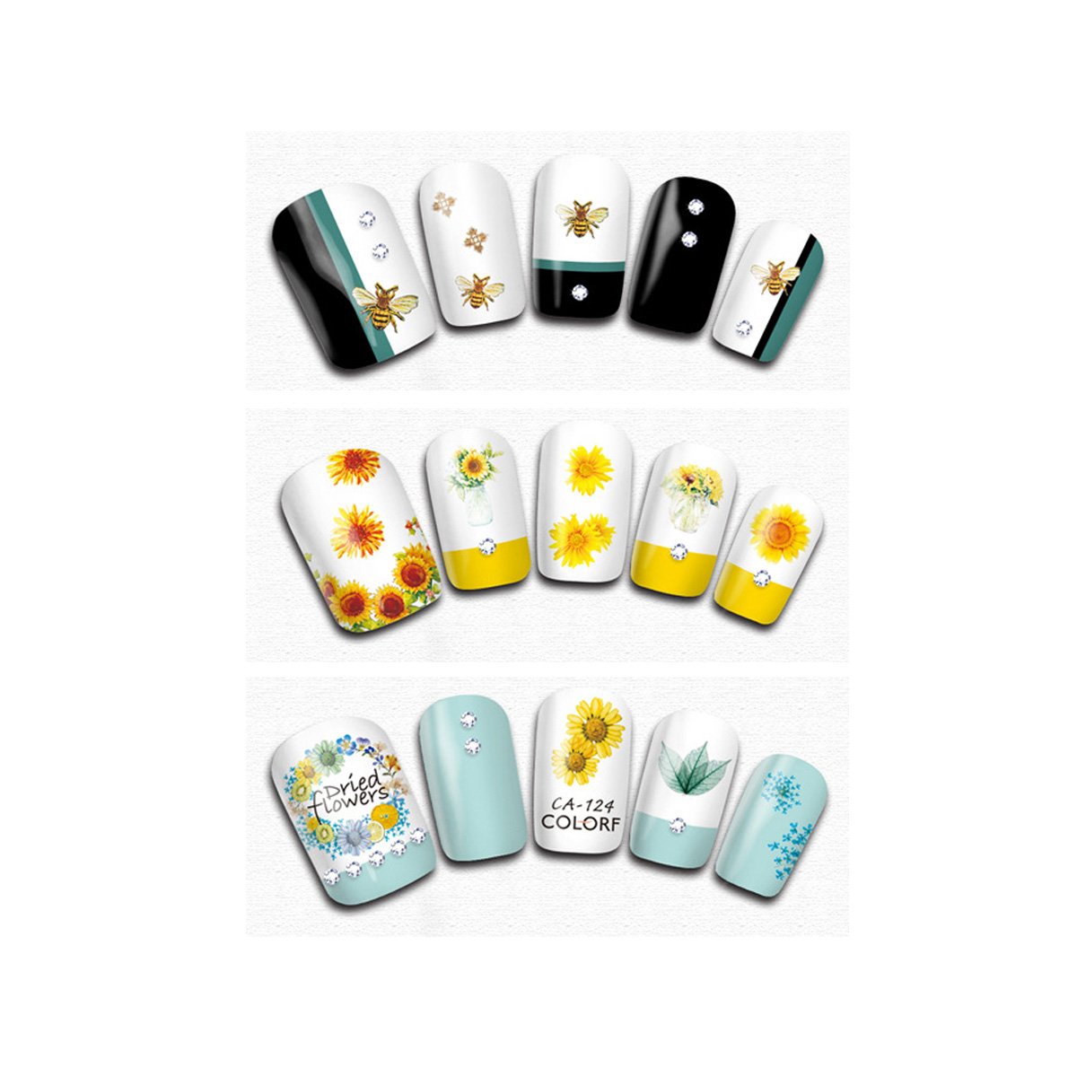 ALLYDREW 3 Sheets Vibrant Bee & Sunflower Nail Art Stickers - Cute Summer Nail Designs for Manicure, DIY Home Salon & Party Nail Decorations