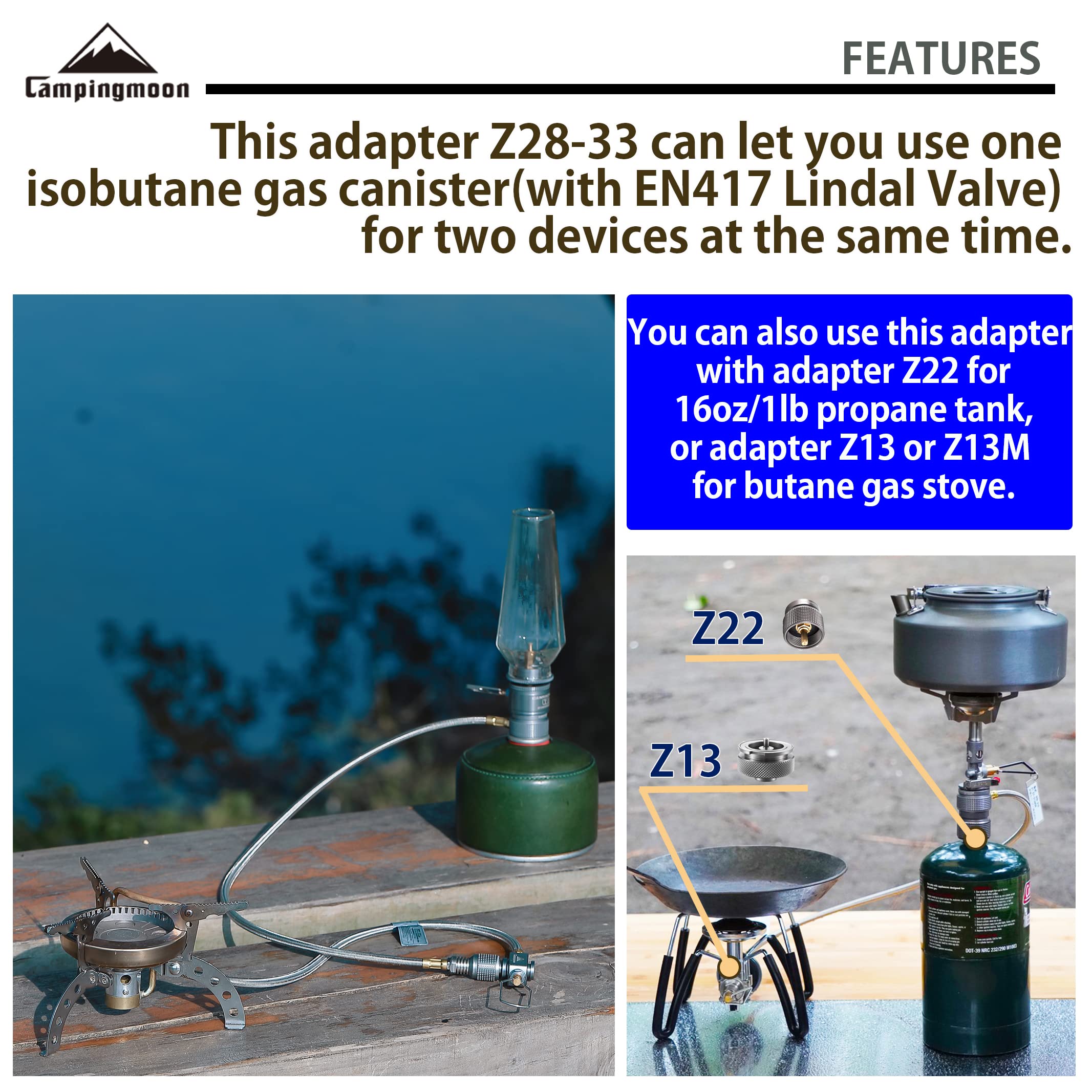 Camping Moon 2 Outlet Adapter for EN417 Lindal Valve Canister & Stove - Portable Gas Canister Converter for Camping, Hiking & Outdoor Cooking