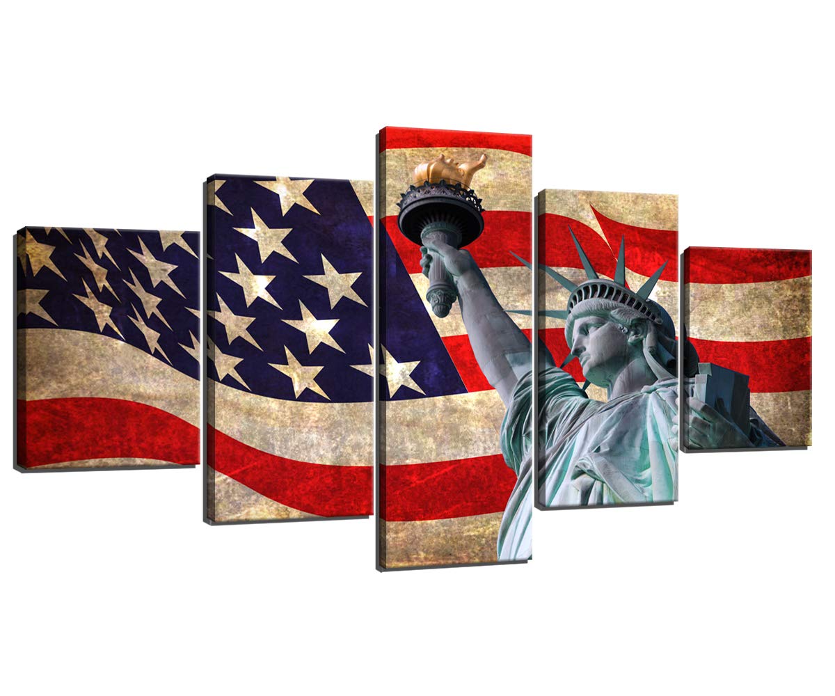 USA Flag & Statue of Liberty Canvas Wall Art - 5pc Framed HD Prints for Bedroom & Living Room Decor