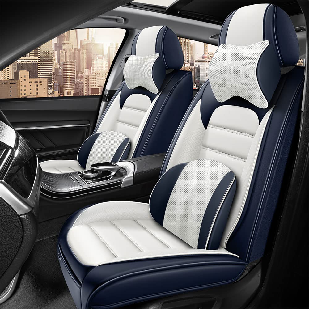 Premium Waterproof PU Leather Car Seat Covers for Volkswagen Atlas Cross Sport 2020-2025 - Soft Breathable Seat Protectors with Storage Pockets & Comfort Pillows (Blue & White, Front Set) - Perfect for Road Trips, Daily Commutes & Family Protection