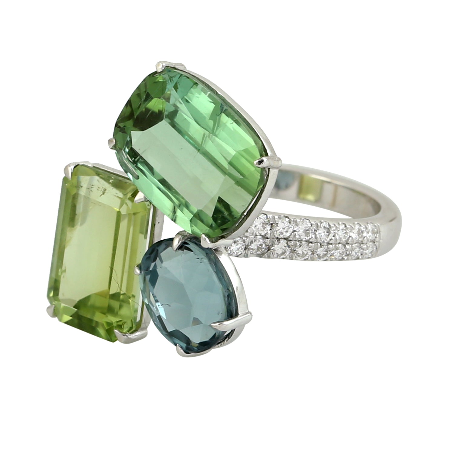 Green Tourmaline & Diamond Three Stone Ring in 14K White Gold - Elegant Jewelry Gift for Women, Bridal, Anniversary & Special Occasions