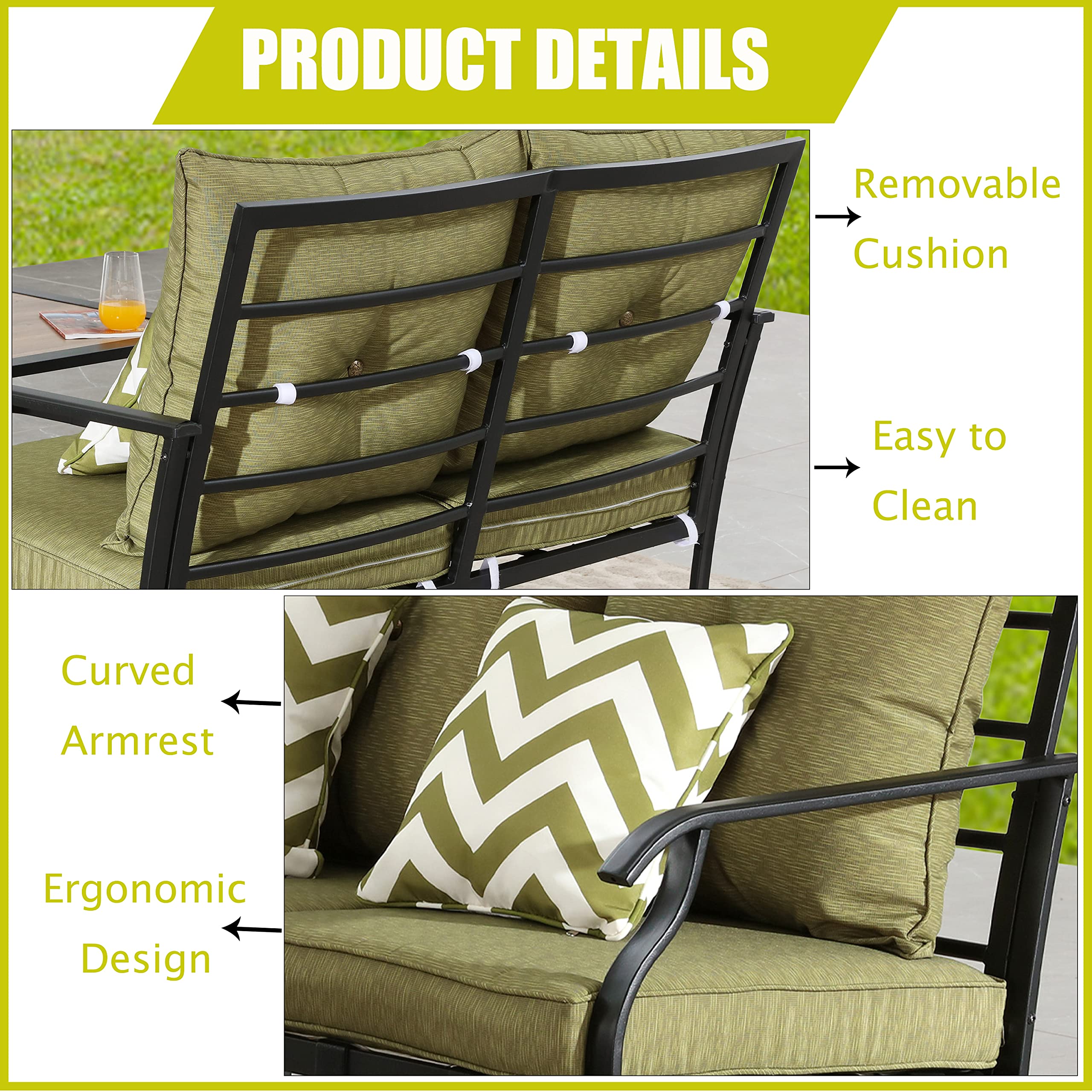 LOKATSE HOME 2-Piece Outdoor Loveseat Set with Cushions & Coffee Table - Patio Bistro Metal Bench Conversation Furniture for Garden, Backyard, Deck (Green) | Perfect for Relaxing, Entertaining Guests & Outdoor Dining